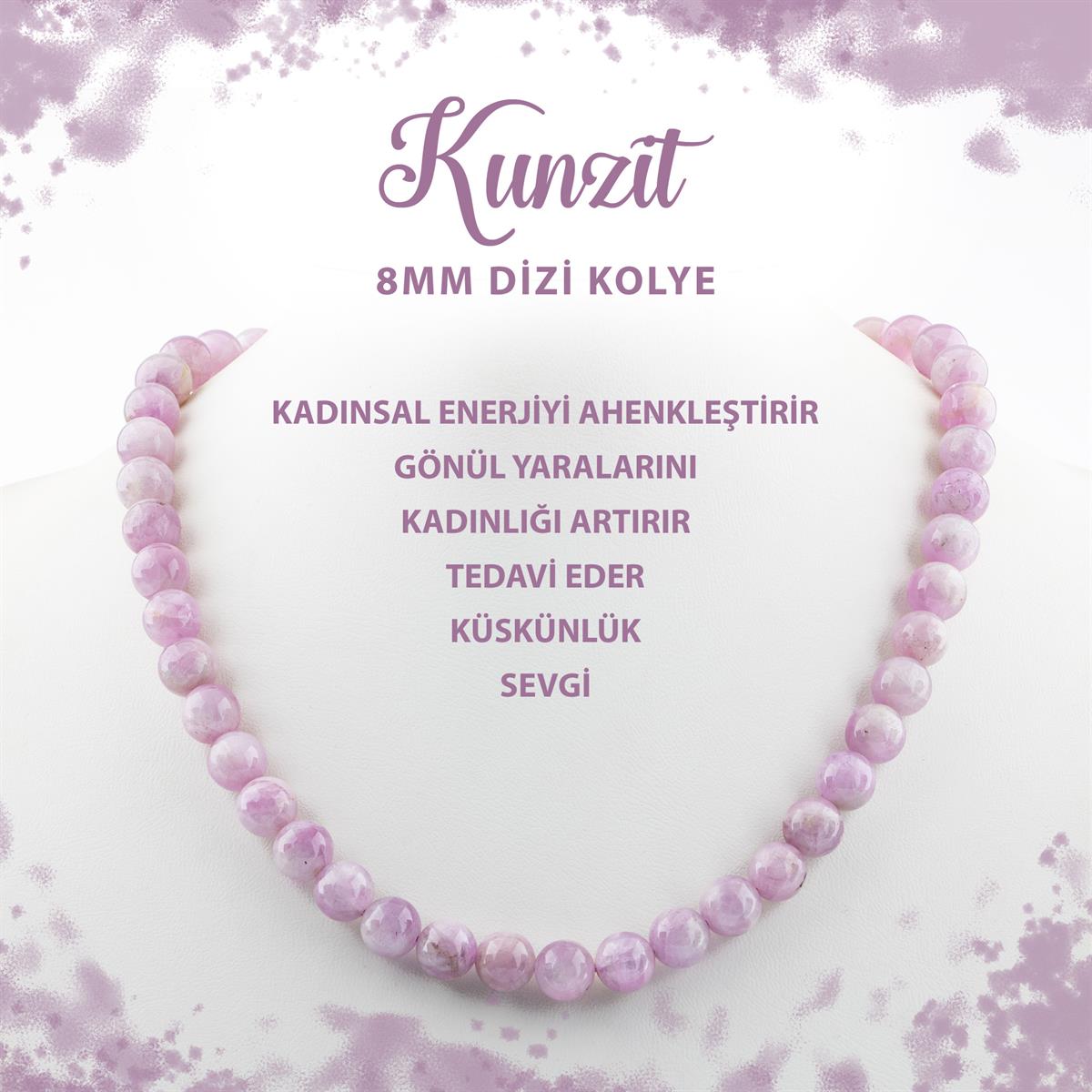SERTİFİKALI Kunzit 8 mm Dizi Doğal Taş Kolye