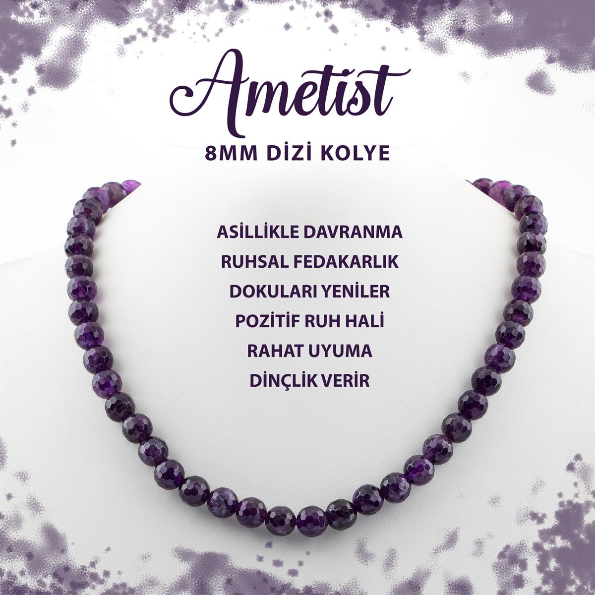 SERTİFİKALI Ametist 8 mm Dizi Doğal Taş Kolye