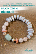 Sertifikalı Doğal Taşlı Sakin Zihin Bilekliği, Kalsedon, İnci, Akuamarin, Pembe Kuvars, Hematit