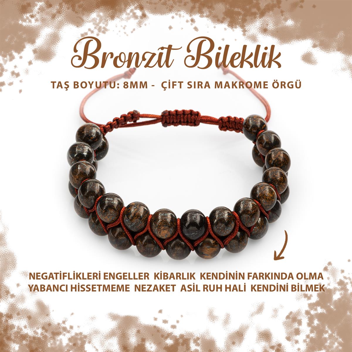 SERTİFİKALI Bronzit 8mm Çift Sıra Makrome Doğal Taş Bileklik