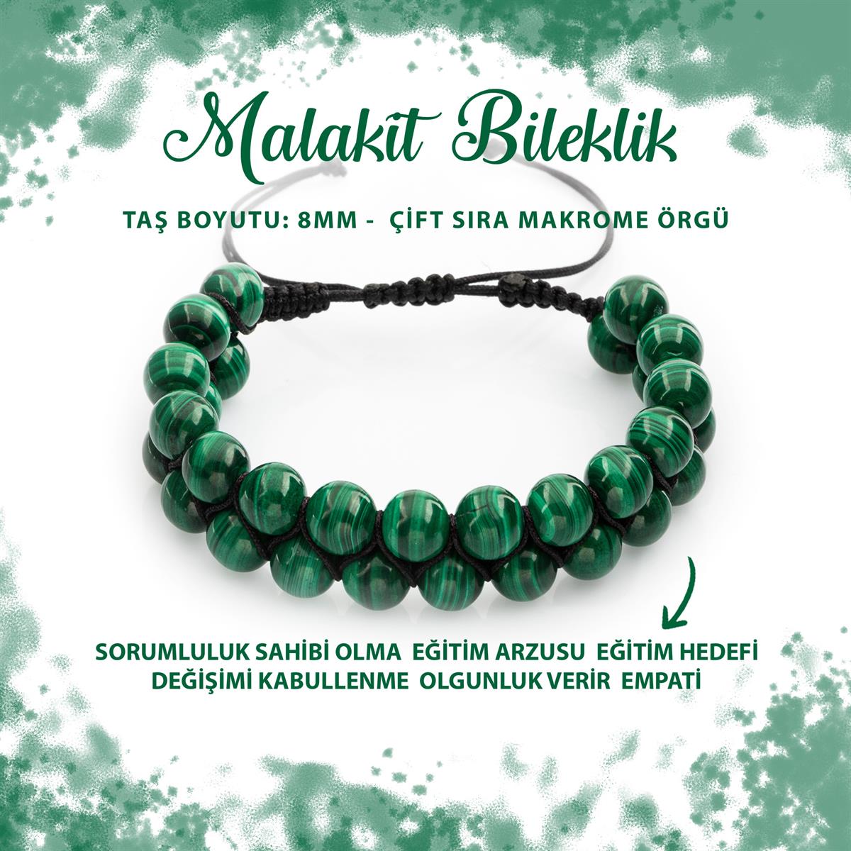 SERTİFİKALI Malakit 8mm Çift Sıra Makrome Doğal Taş Bileklik