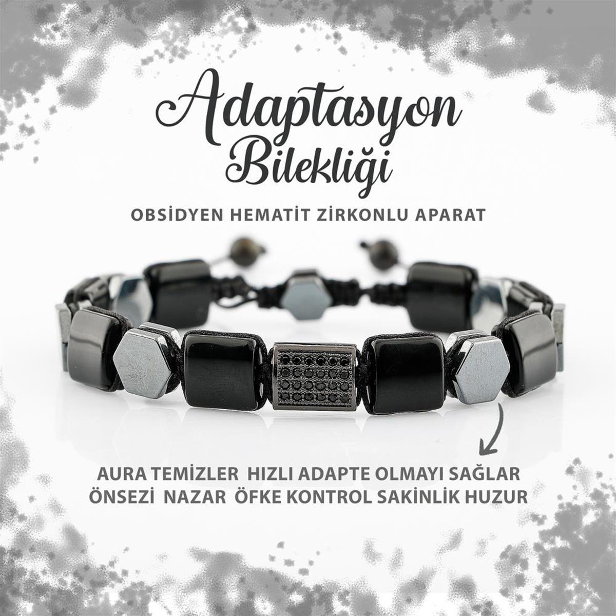 SERTİFİKALI Adaptasyon Doğal Taş Bileklik Obsidyen Hematit Zirkon Aparat B0015