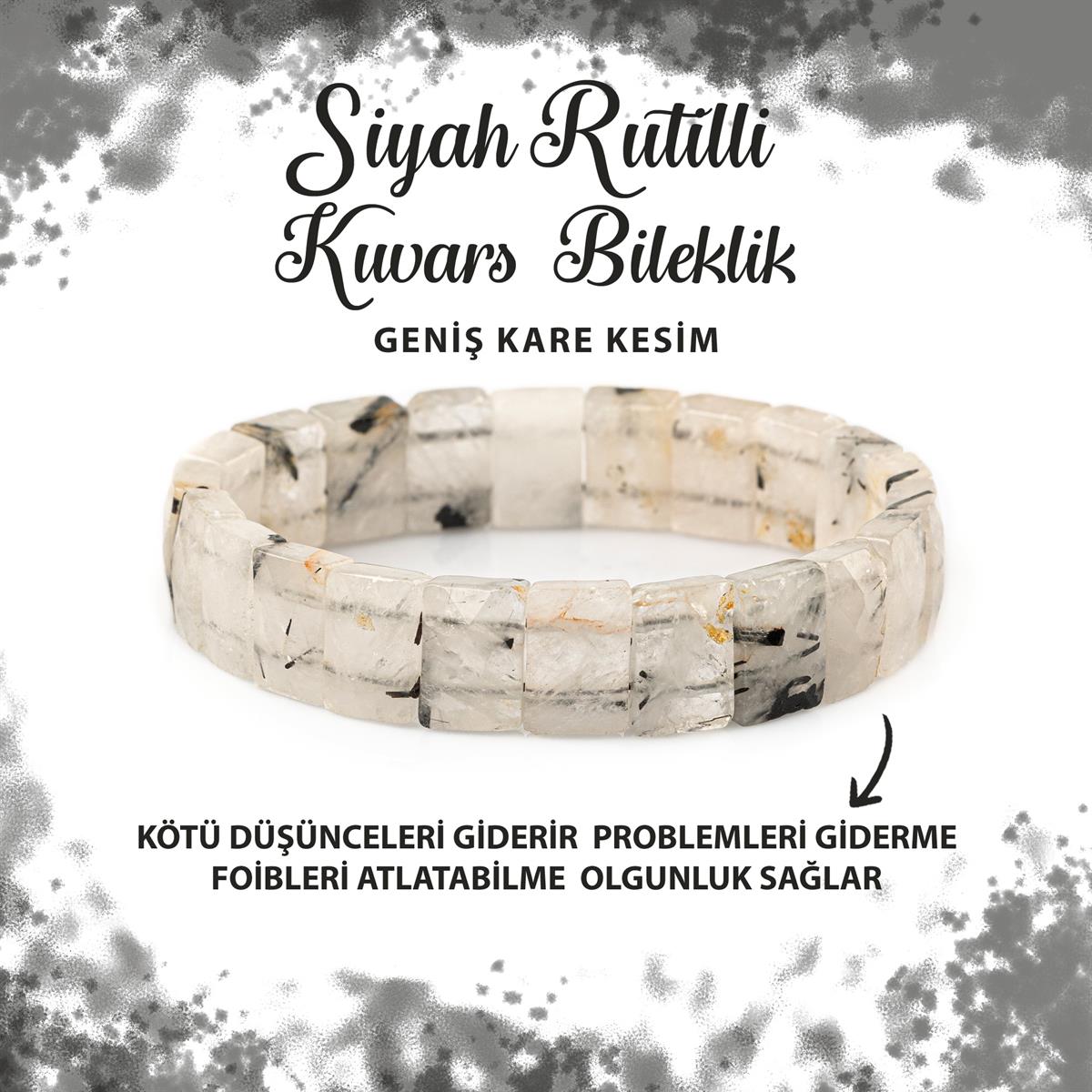 SERTİFİKALI Rutilli Kuvars Doğal Taş Kare Kesim Geniş Kesim Bileklik