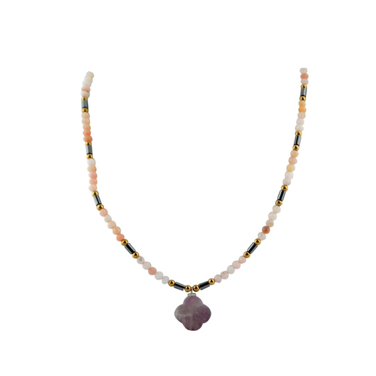 SERTİFİKALI Yonca Şekilli Güneş taşı, Pembe Opal, Hematit, Ametist Doğal Taş Kolye 70cm - 6mm
