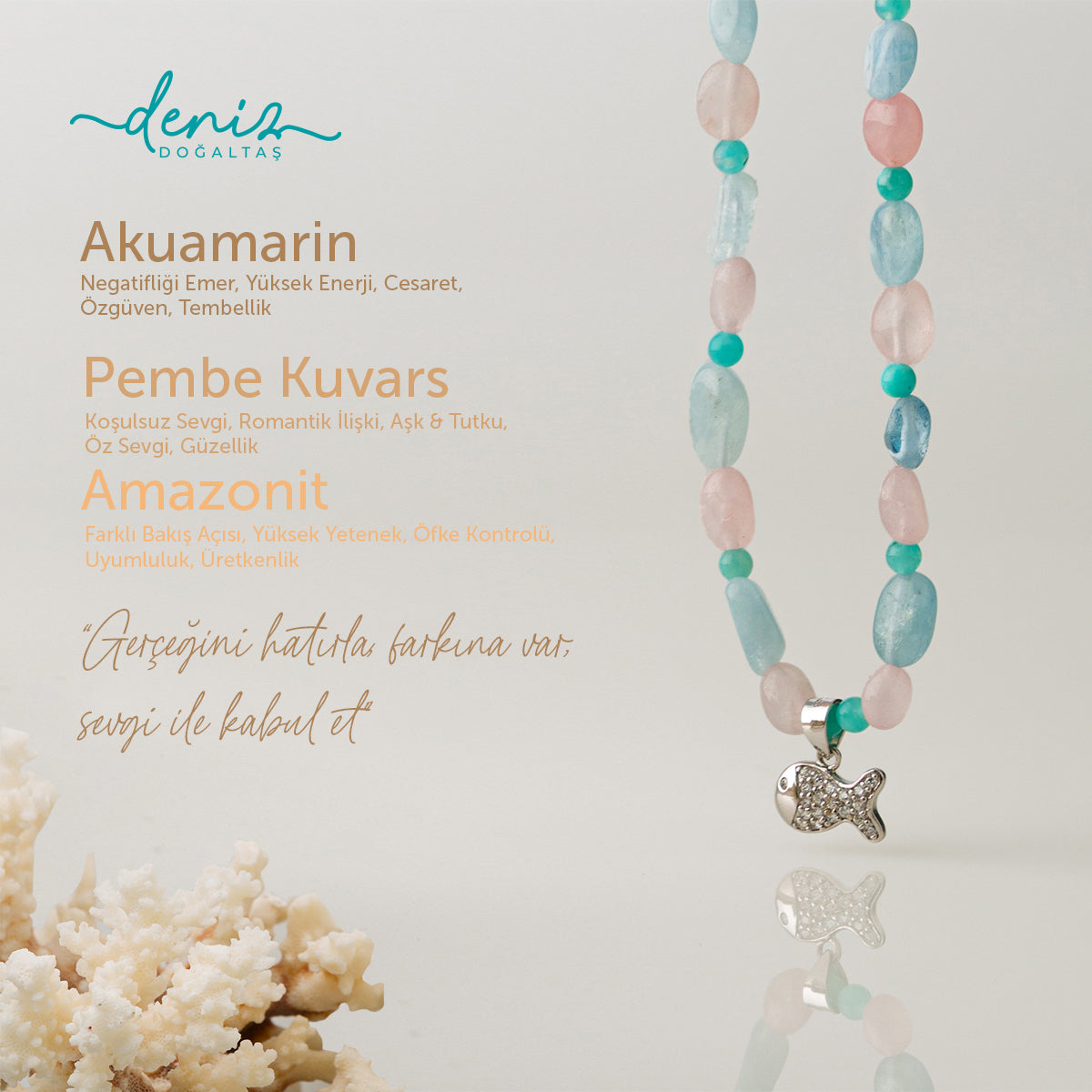 Balık Akuamarin - Pembe Kuvars - Amazonit Gümüş Tasarım Kolye