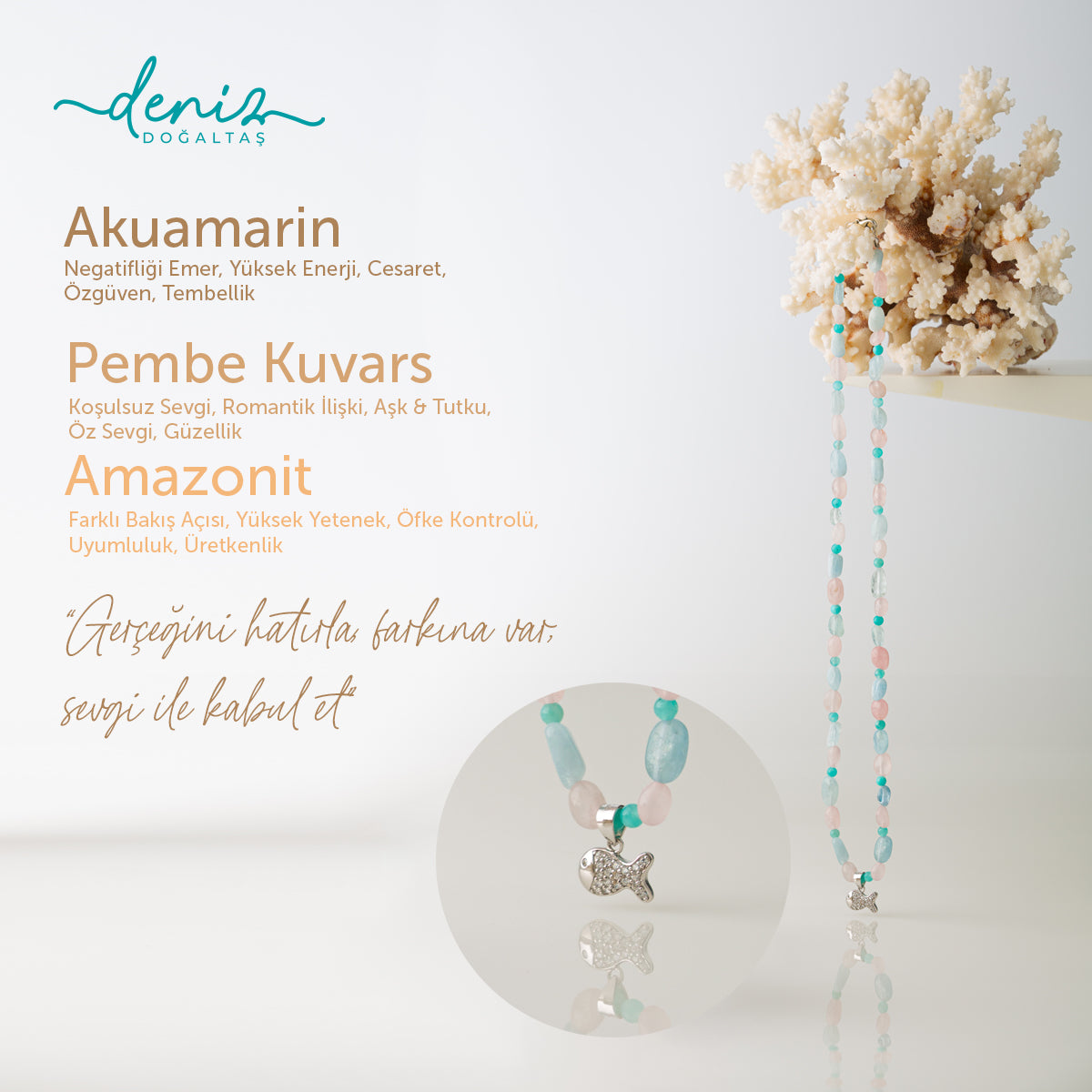 Balık Akuamarin - Pembe Kuvars - Amazonit Gümüş Tasarım Kolye