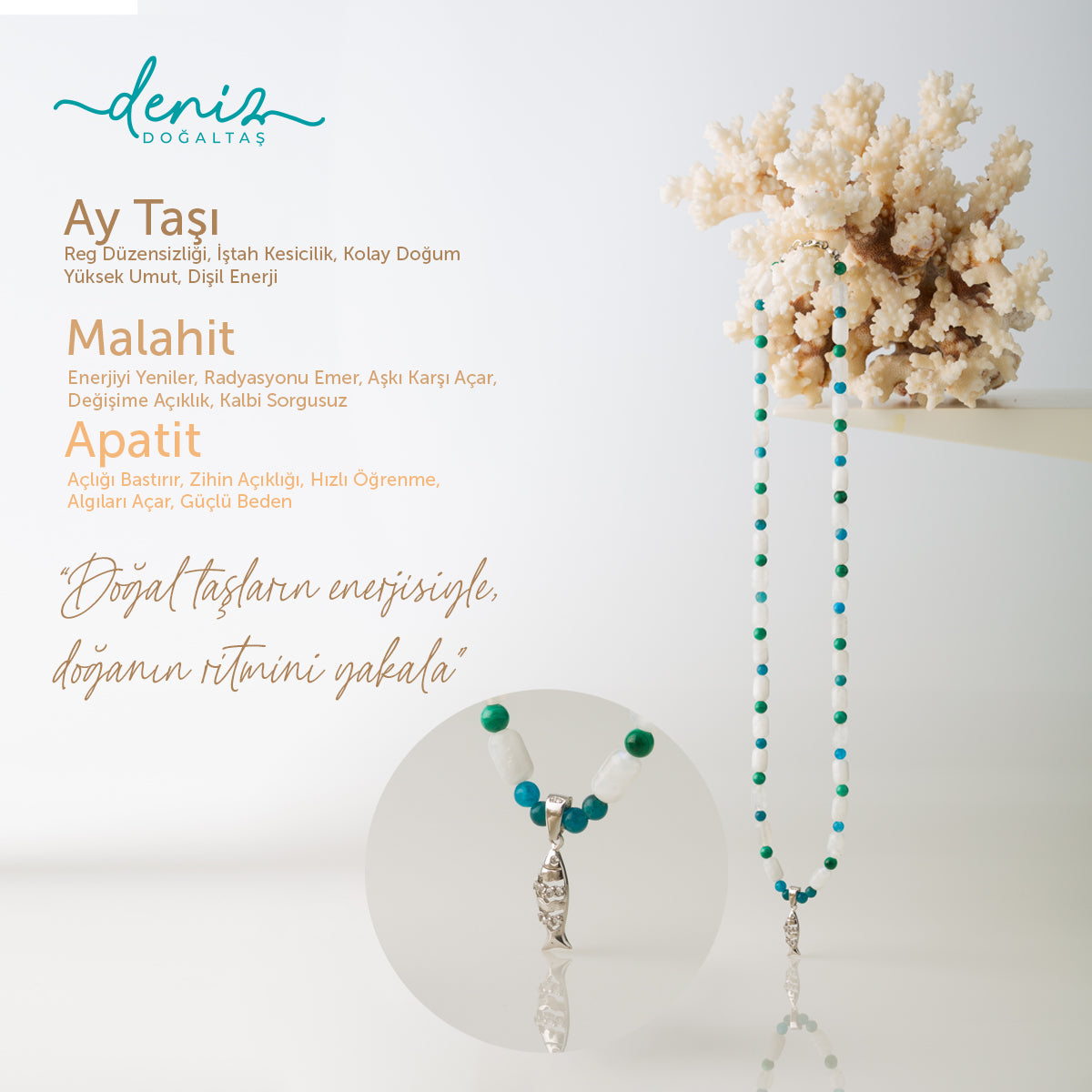 Balık Ay taşı - Malahit - Apatit Gümüş Tasarım Kolye
