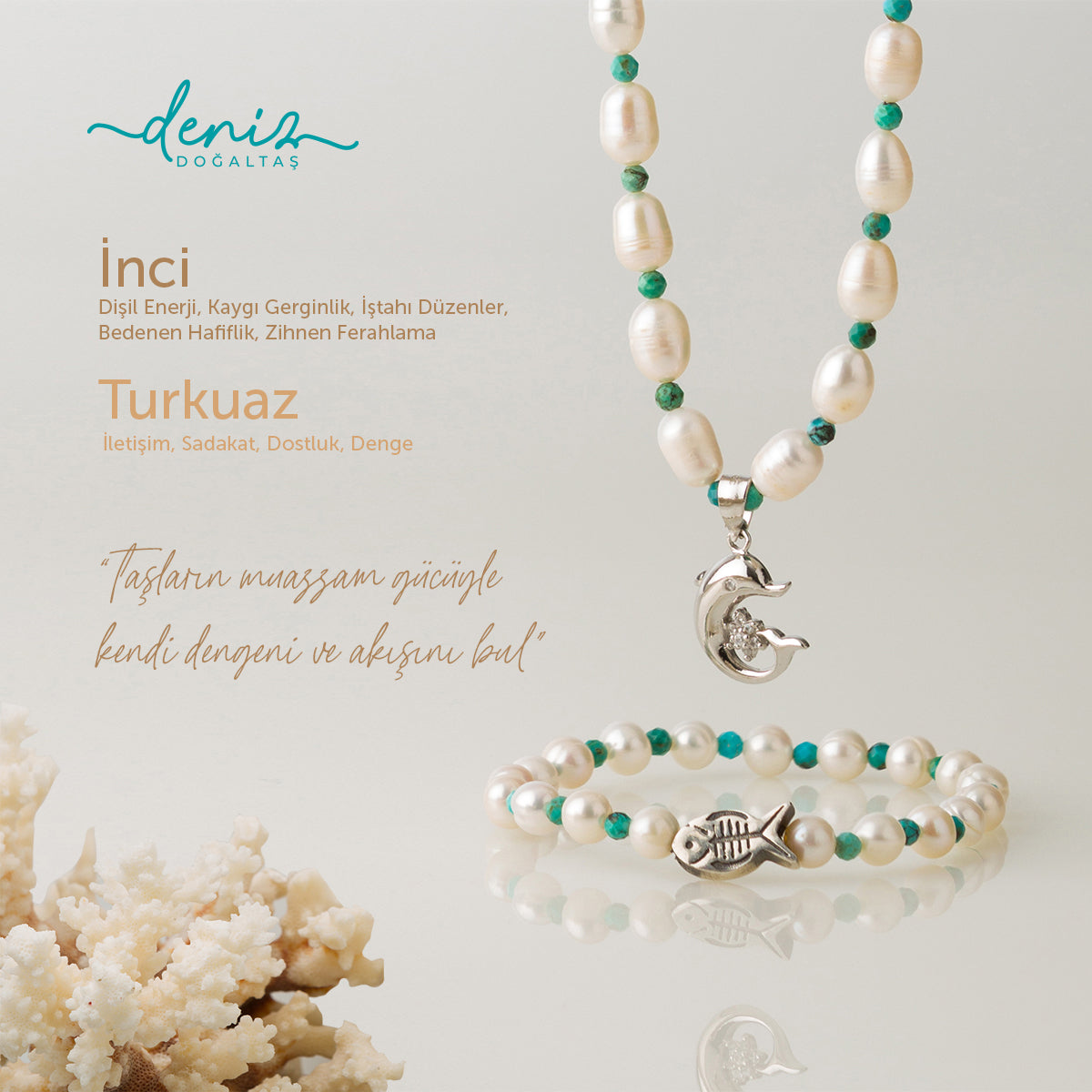 Balık Set İnci - Turkuaz Gümüş Tasarım Kolye