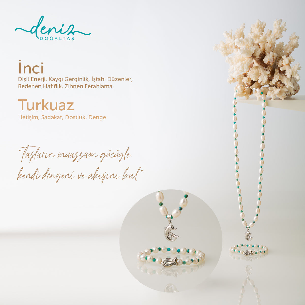 Balık Set İnci - Turkuaz Gümüş Tasarım Kolye