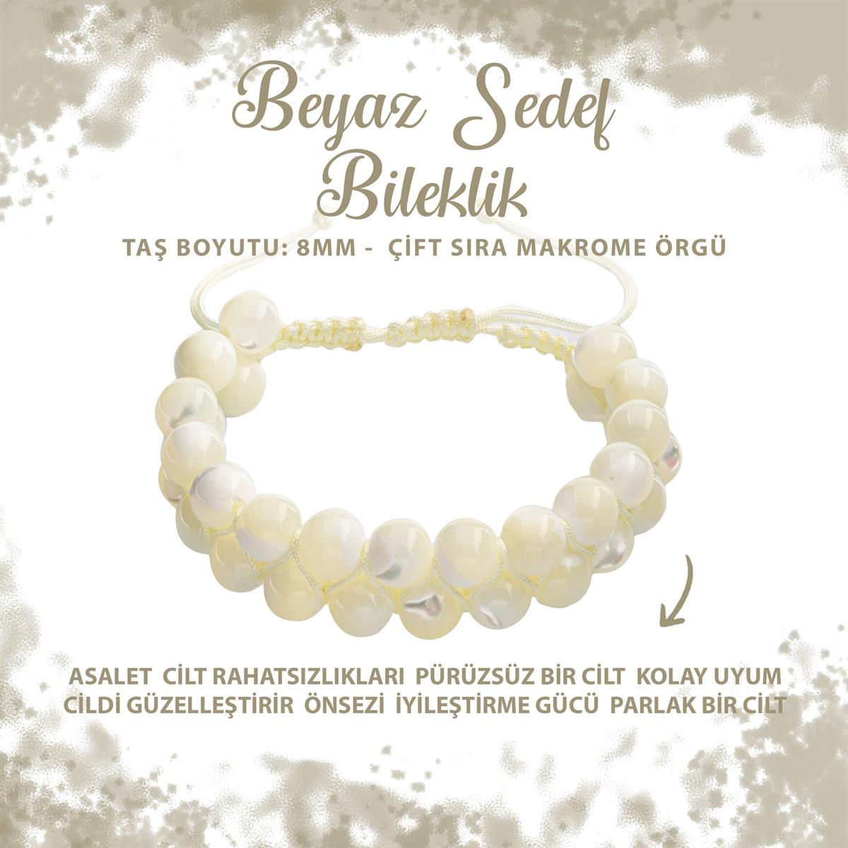 SERTİFİKALI Beyaz Sedef 8mm Çift Sıra Makrome Doğal Taş Bileklik