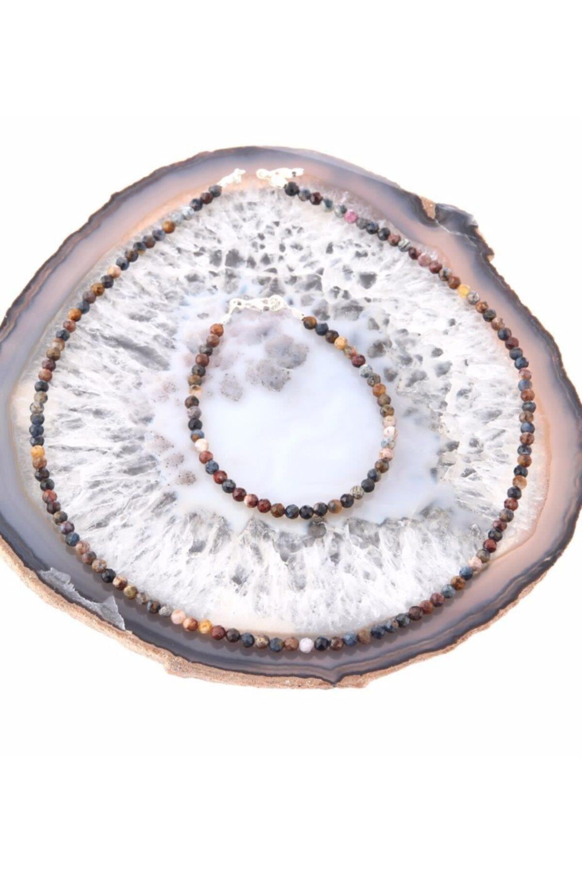 SERTİFİKALI Pietersite Taşı  Orjinal ( Taşlar) Doğaltaş Kolye-Bileklik Takımı-3-4MM TS014
