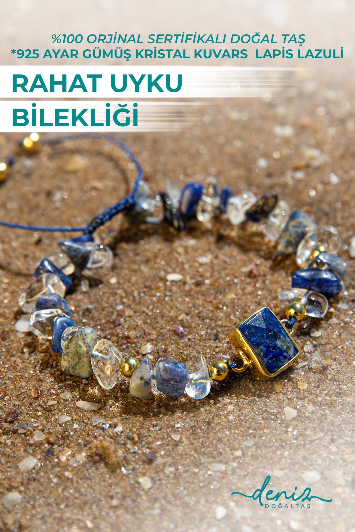 Sertifikalı Doğal Taşlı Rahat Uyku Bilekliği, 925 Ayar Gümüş, Lapis Lazuli, Kristal Kuvars