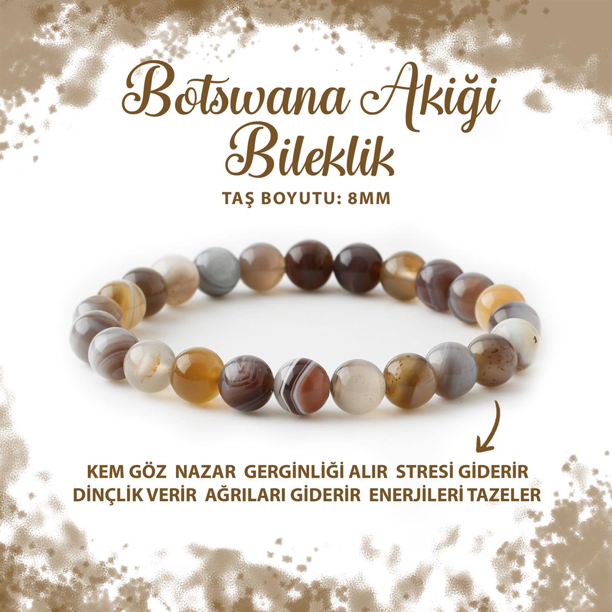 SERTİFİKALI Botswana Akiği 8mm Doğal Taş Bileklik