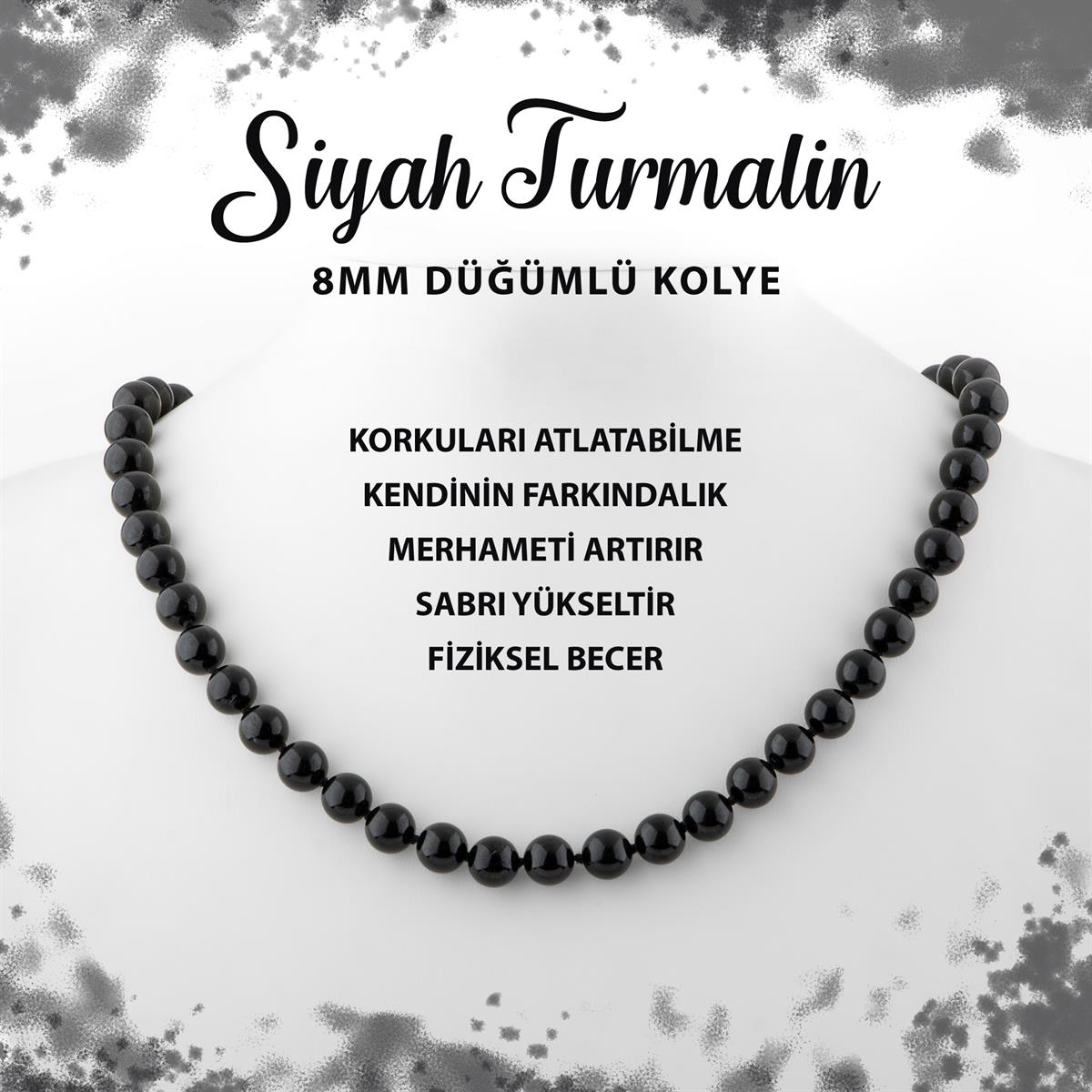 SERTİFİKALI Siyah Turmalin 8 mm Düğümlü Doğal Taş Kolye