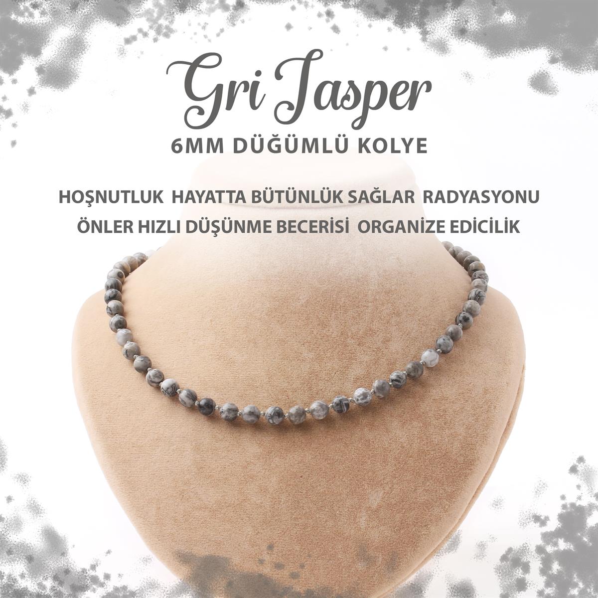 SERTİFİKALI Gri Jasper 6 mm Düğümlü Doğal Taş Kolye