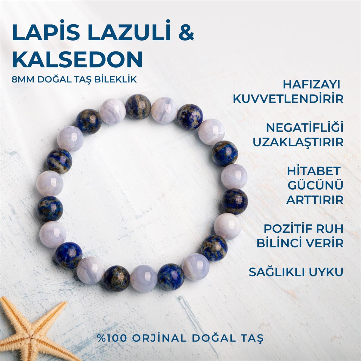 SERTİFİKALI LAPİS LAZULİ &amp; KALSEDON DOĞAL TAŞLI BİLEKLİK