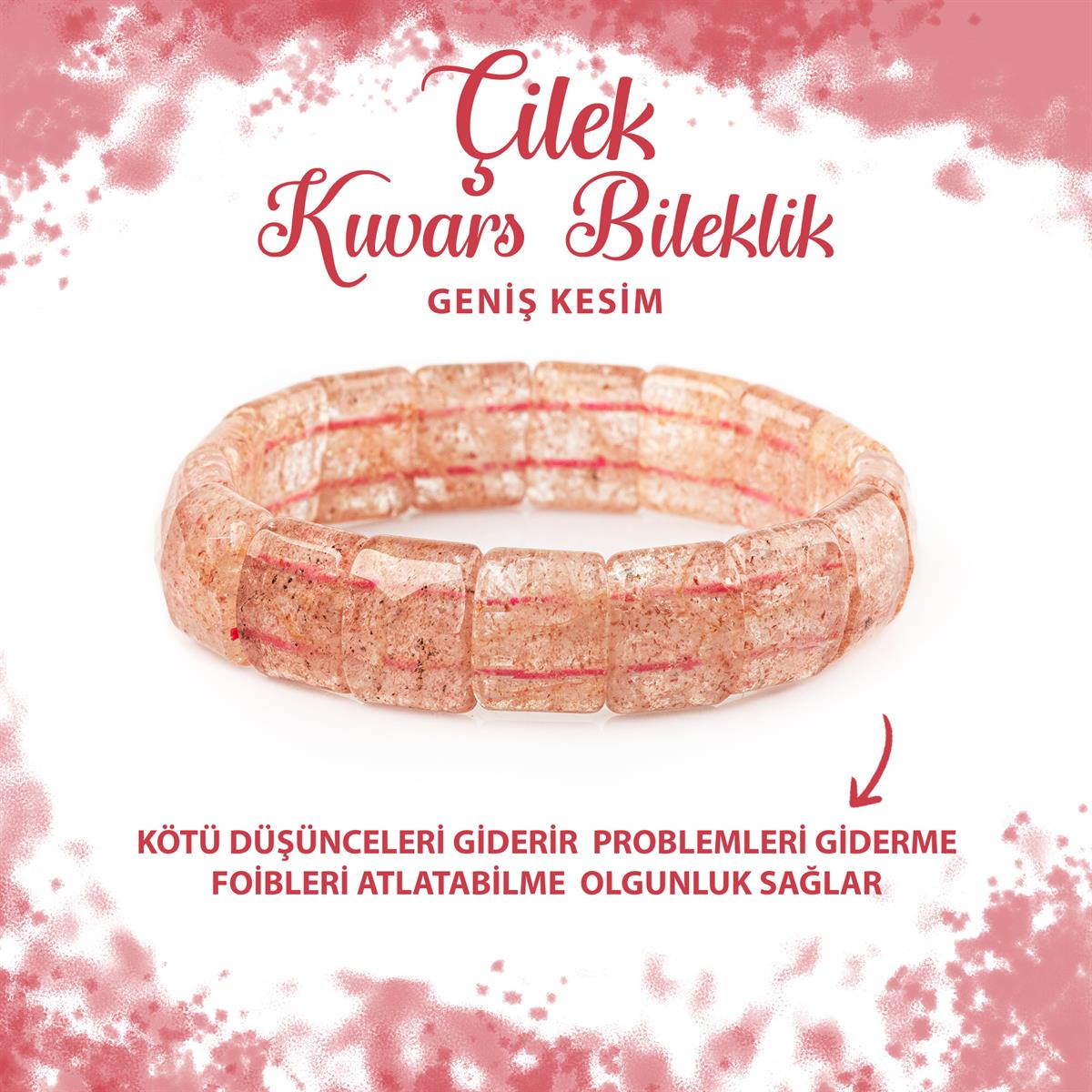 SERTİFİKALI Çilek Kuvars Doğal Taş Balık Sırtı Geniş Kesim Bileklik