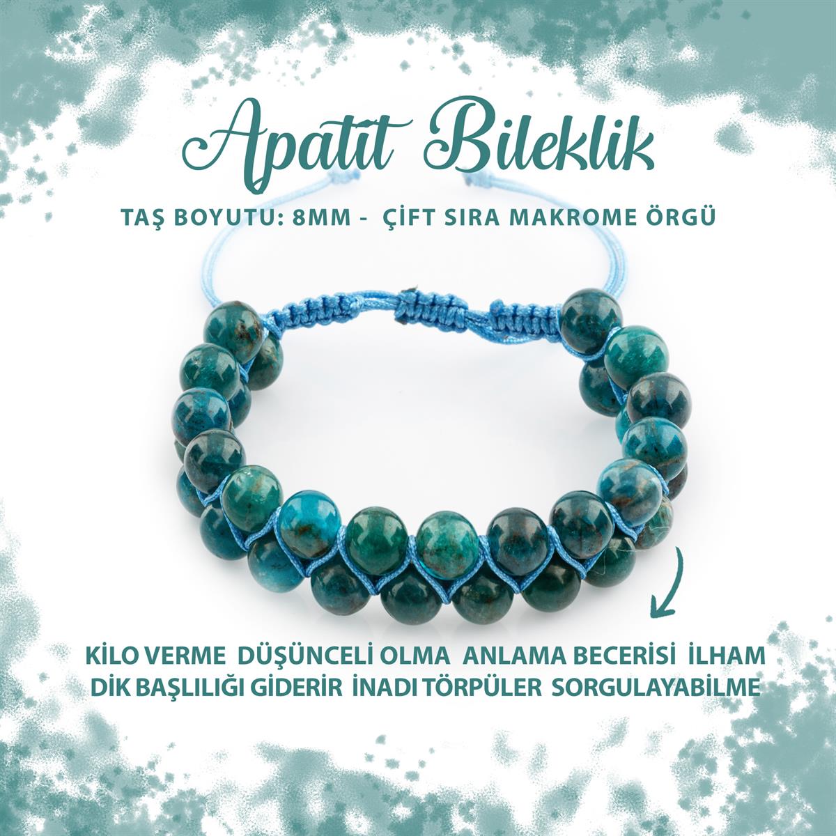 SERTİFİKALI Mavi Apatit 8mm Çift Sıra Makrome Doğal Taş Bileklik