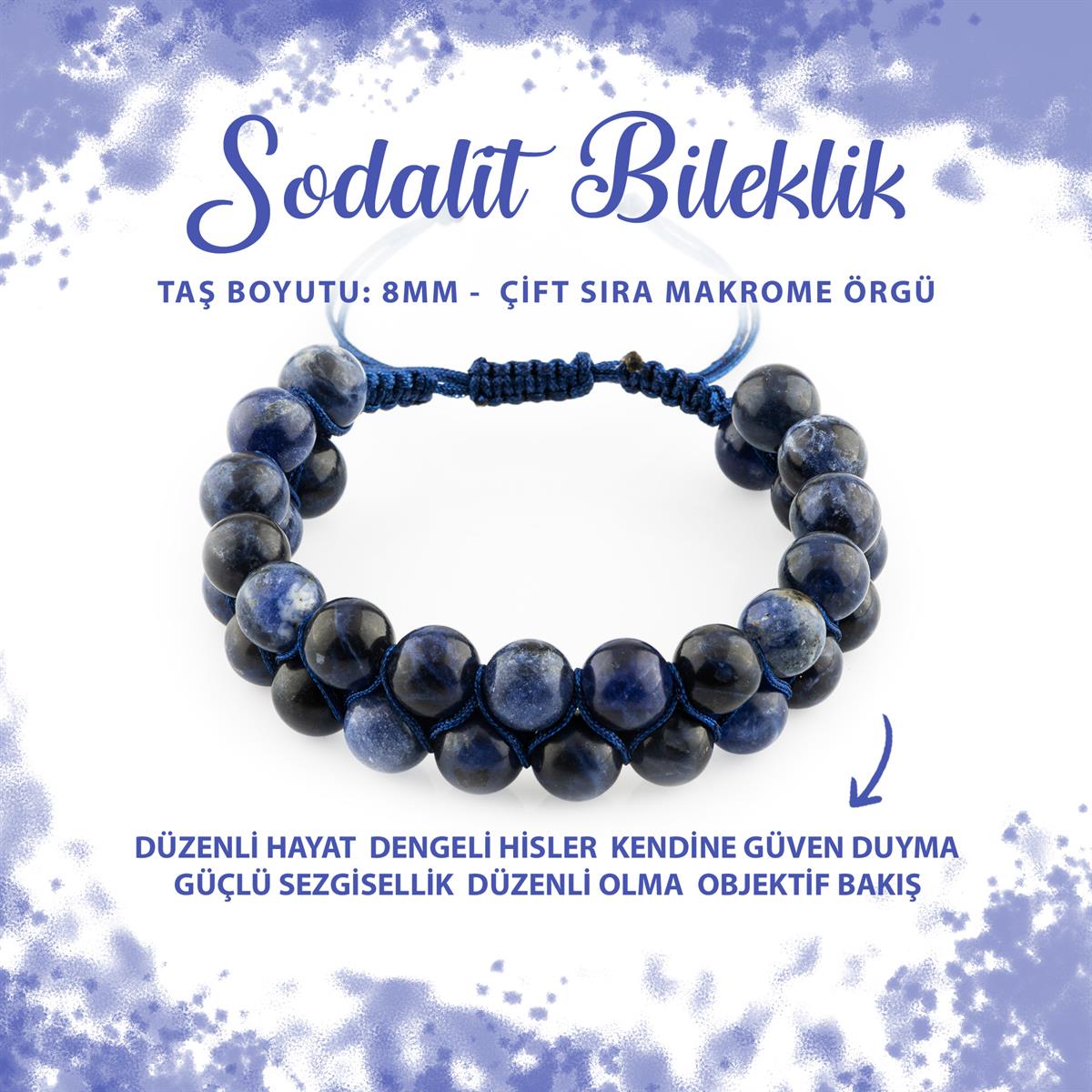 SERTİFİKALI Sodalit 8mm Çift Sıra Makrome Doğal Taş Bileklik