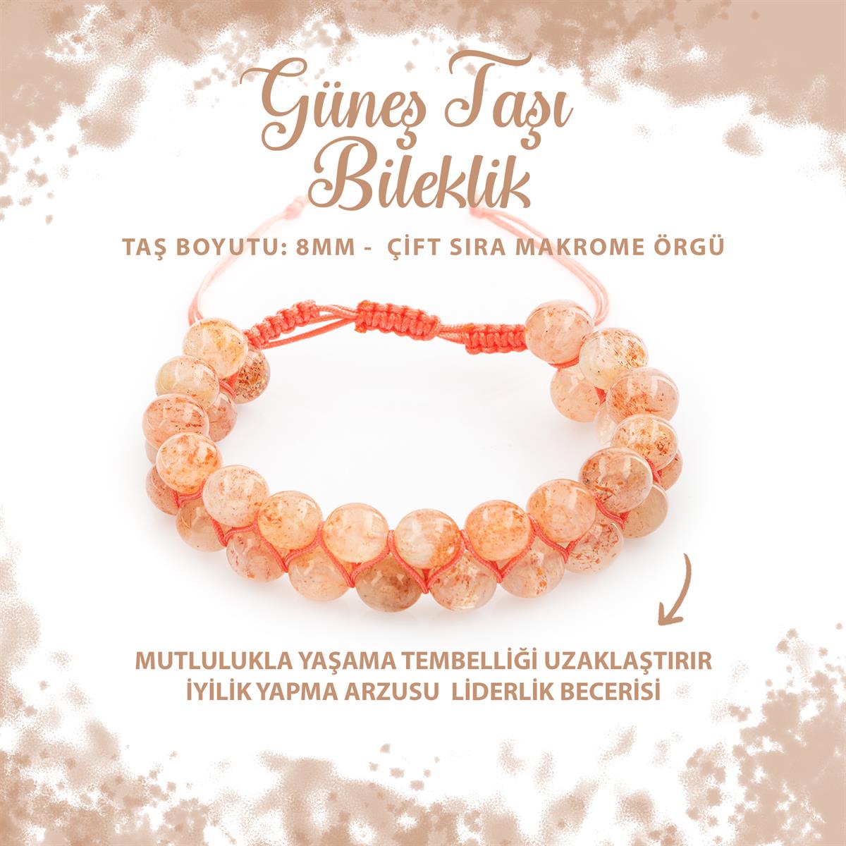 SERTİFİKALI Güneş Taşı 8mm Çift Sıra Makrome Doğal Taş Bileklik