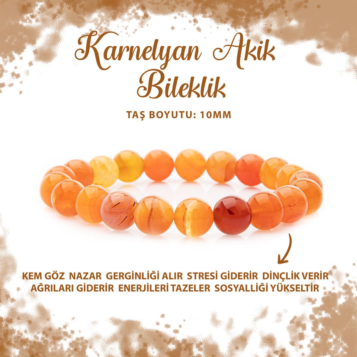 SERTİFİKALI Karnelyan Akik 10mm Doğal Taş Bileklik