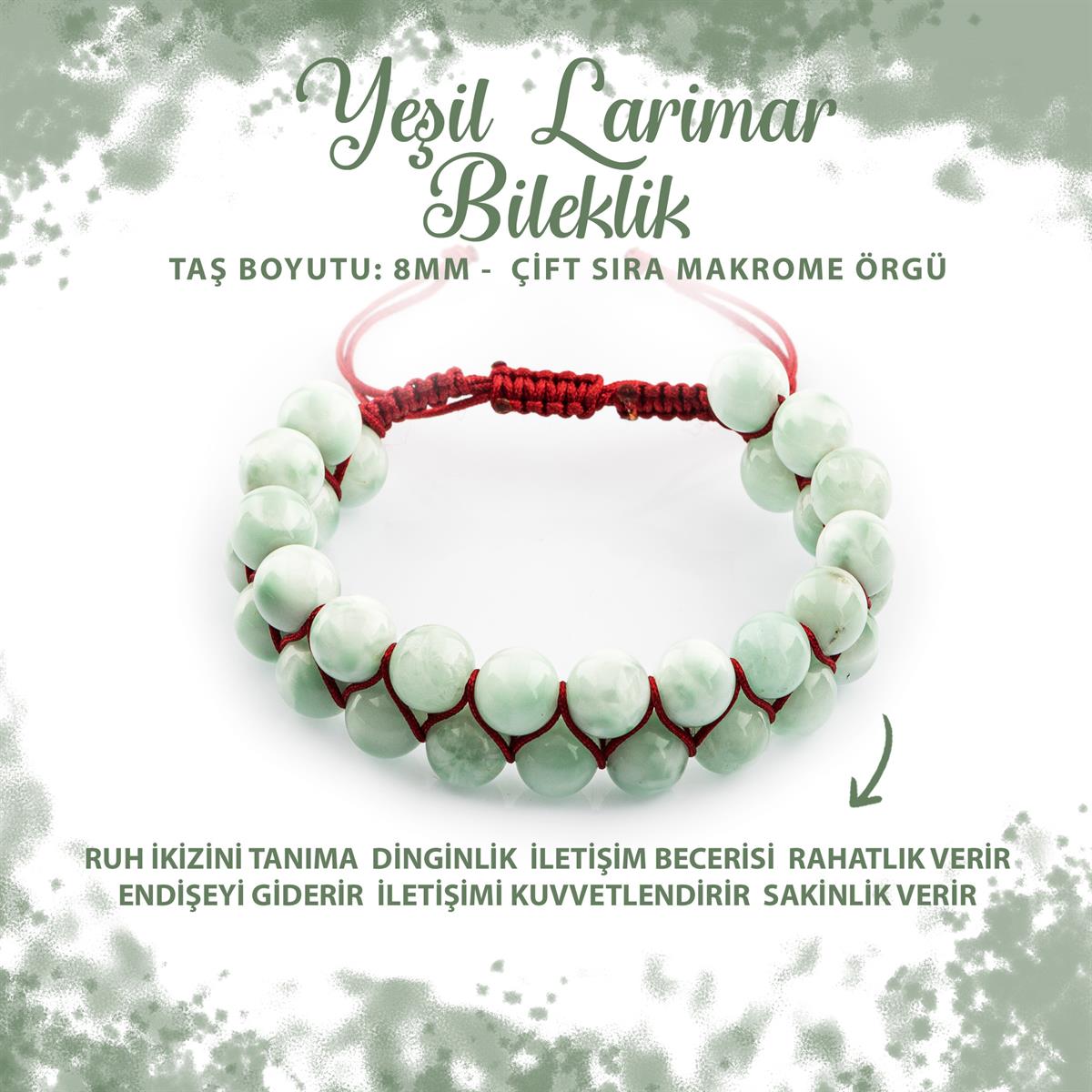 SERTİFİKALI Yeşil Larimar 8mm Çift Sıra Makrome Doğal Taş Bileklik