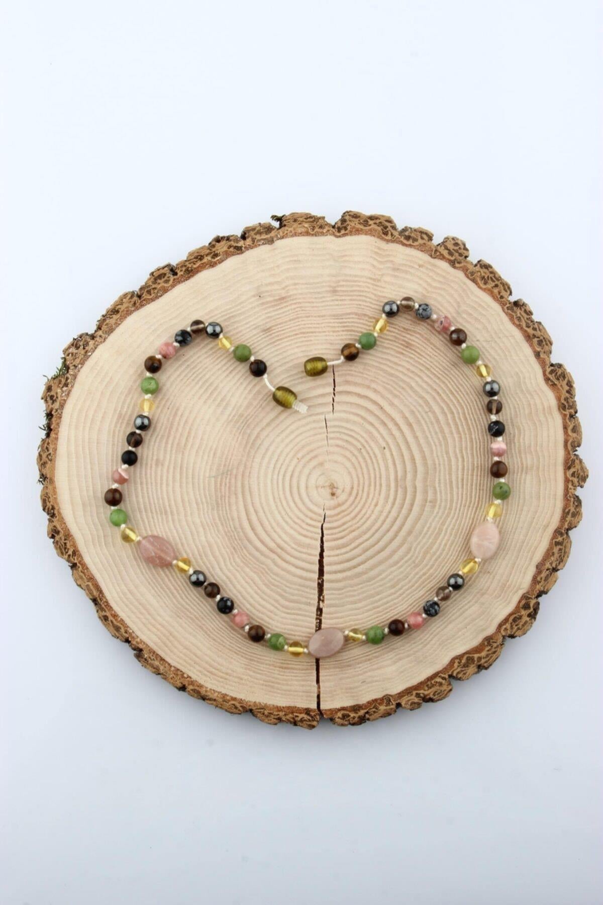 Rodokrozit Dumanlı Kuvars Güneş Taşı Kehribar Obsidyen Yeşim Hematit Kaplan Gözü Panik Atak Kolyesi