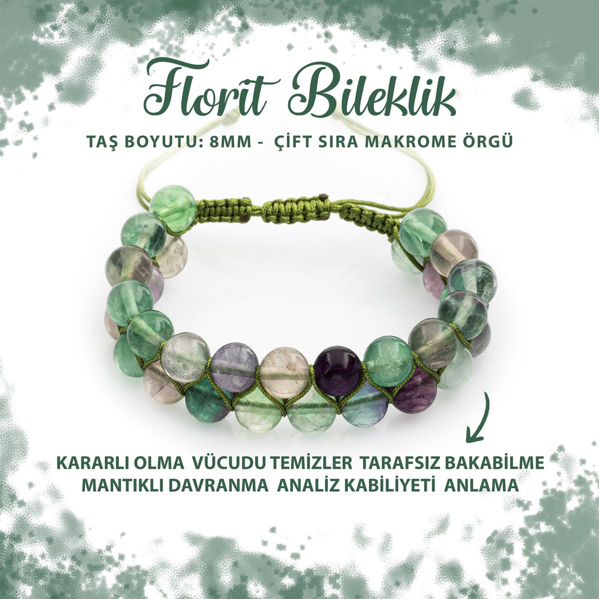 SERTİFİKALI Yeşil Florit 8mm Çift Sıra Makrome Doğal Taş Bileklik