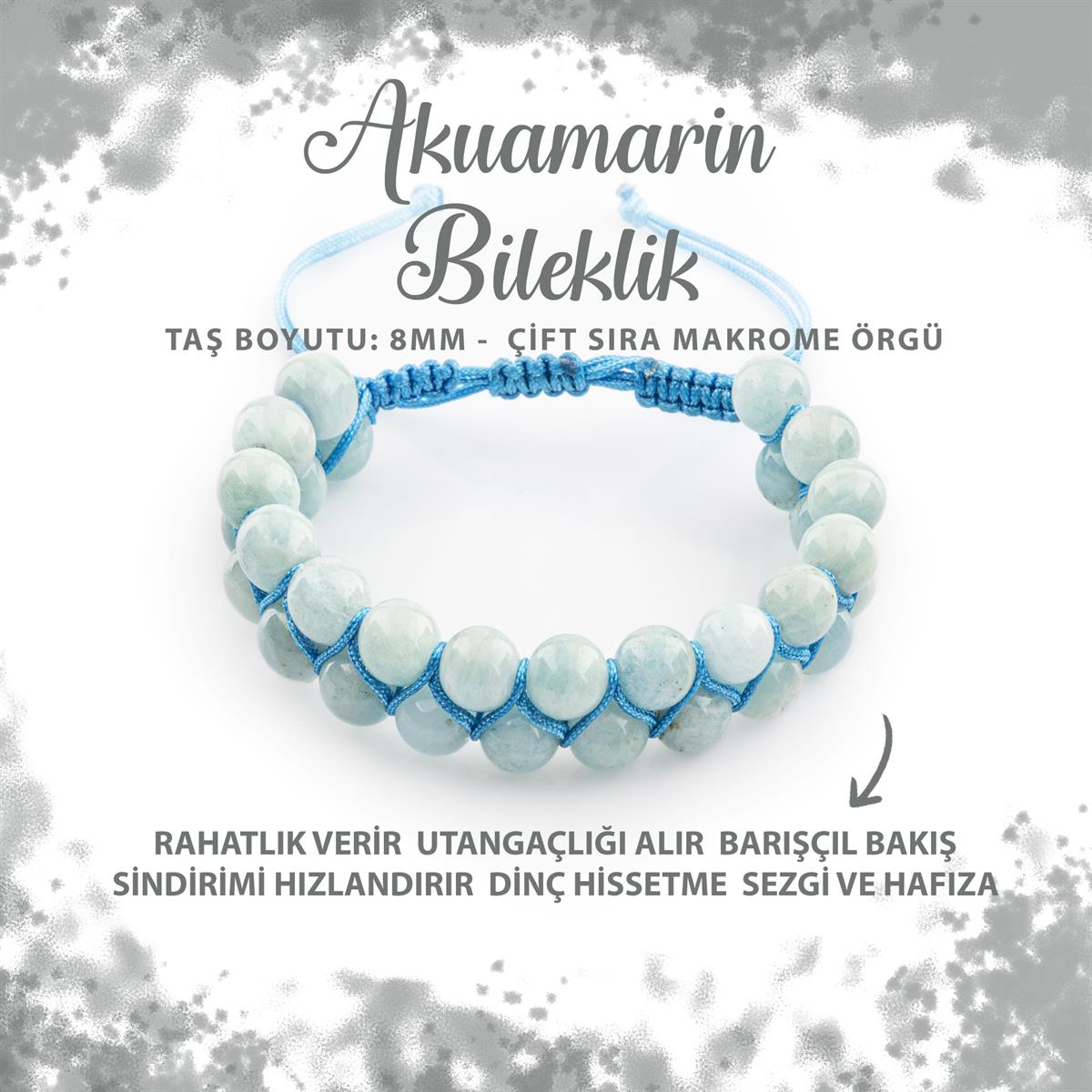SERTİFİKALI Akuamarin 8mm Çift Sıra Makrome Doğal Taş Bileklik