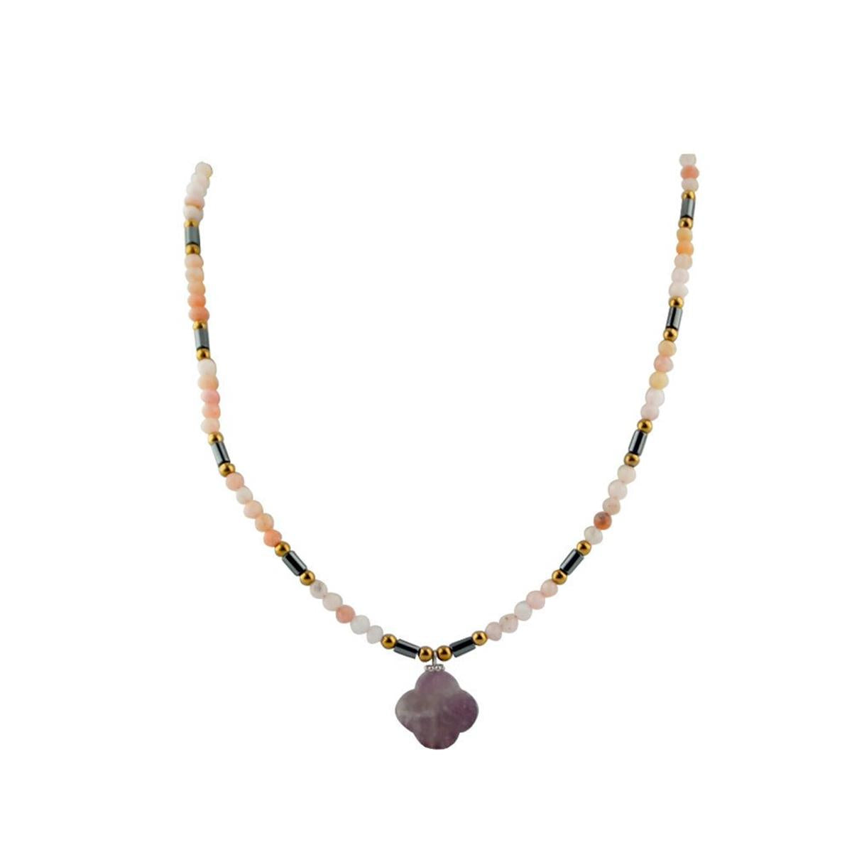 SERTİFİKALI Yonca Şekilli Güneş taşı, Pembe Opal, Hematit, Ametist Doğal Taş Kolye 70cm - 6mm