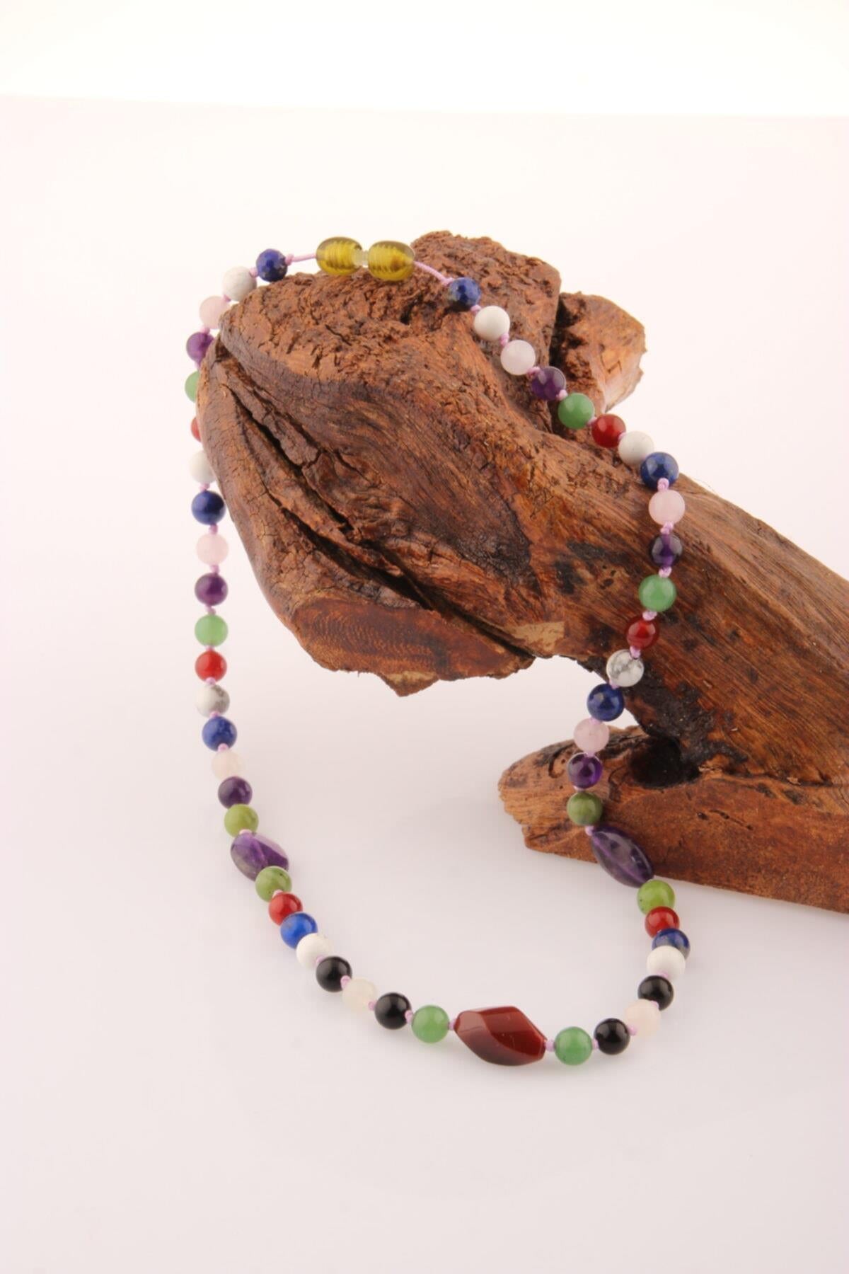 SERTİFİKALI Aventurin-Pembe Kuvars-Obsidyen-Lapis-Havlit-Yeşim-Ametist Kız Öğrenci Kolye