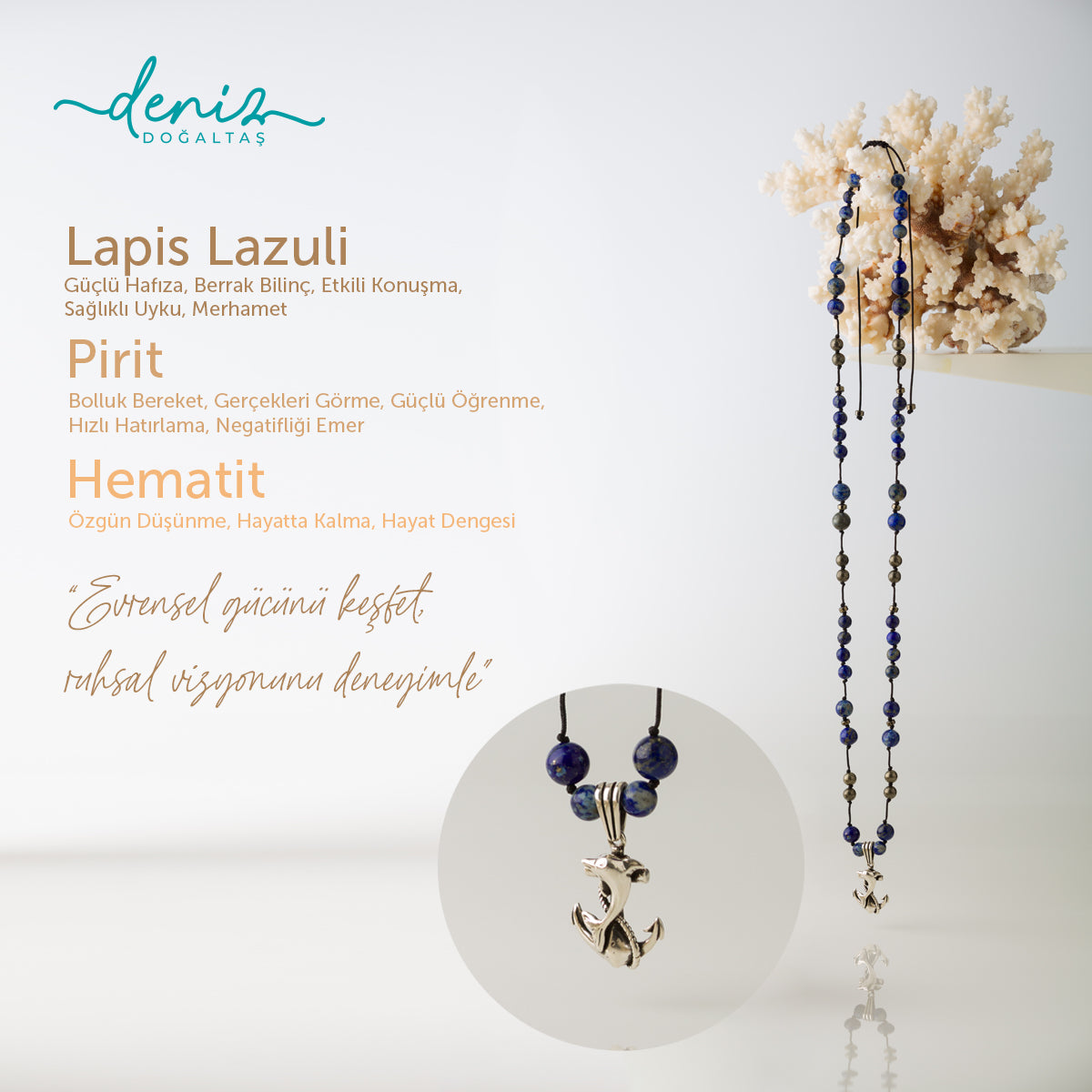 Çapa Kolye Lapis Lazuli - Pirit - Hematit Gümüş Tasarım Makrome Kolye