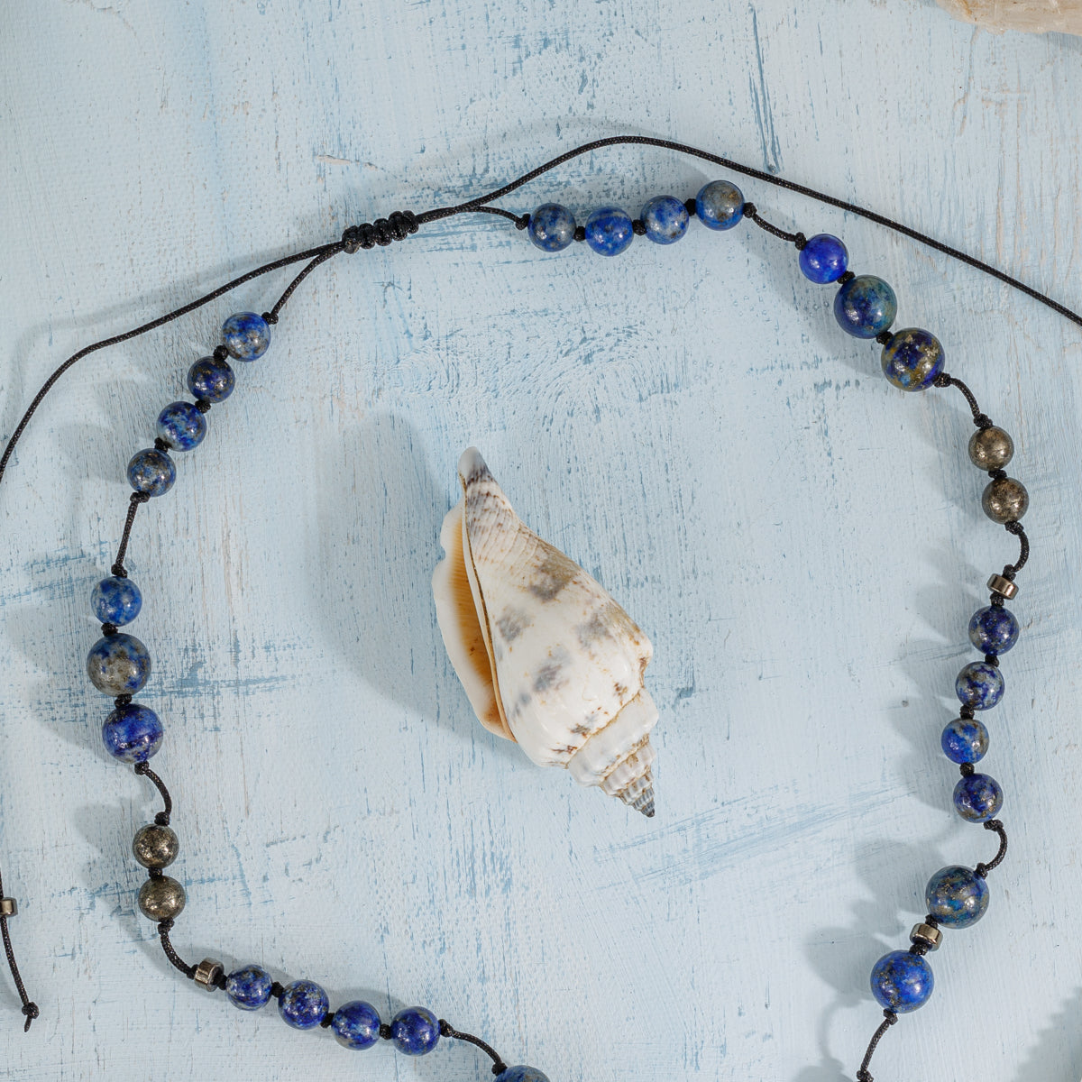 Çapa Kolye Lapis Lazuli - Pirit - Hematit Gümüş Tasarım Makrome Kolye