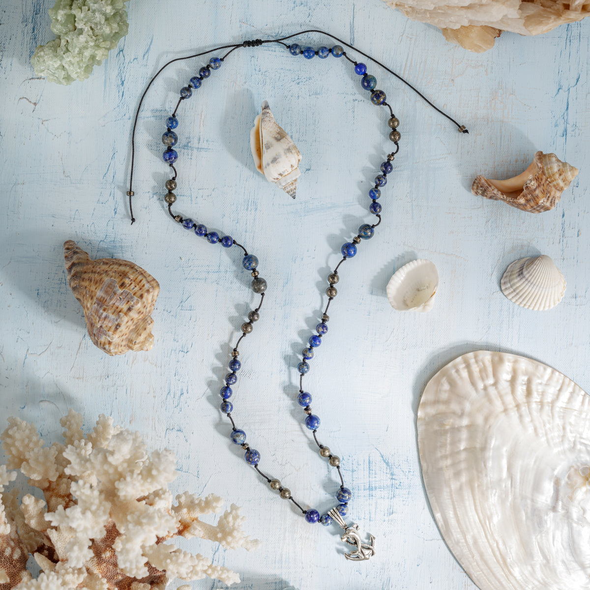 Çapa Kolye Lapis Lazuli - Pirit - Hematit Gümüş Tasarım Makrome Kolye