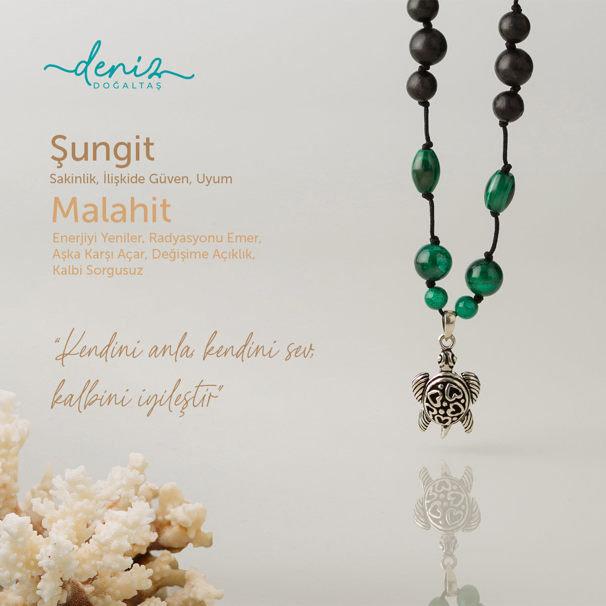 Caretta Şungit - Malahit Gümüş Tasarım Makrome Kolye