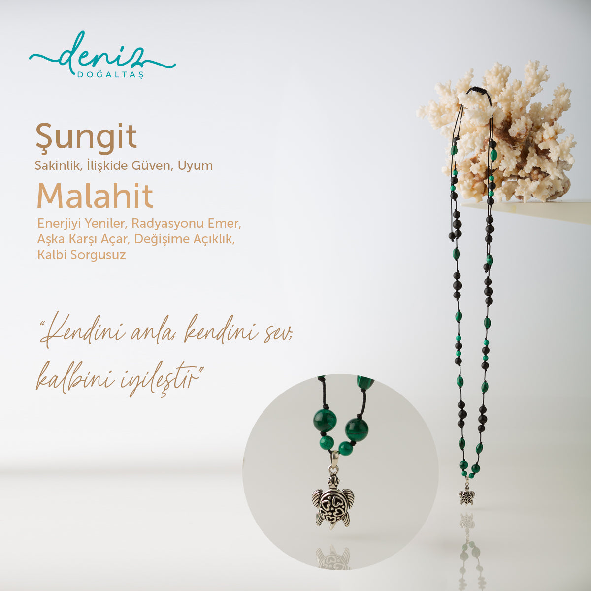 Caretta Şungit - Malahit Gümüş Tasarım Makrome Kolye