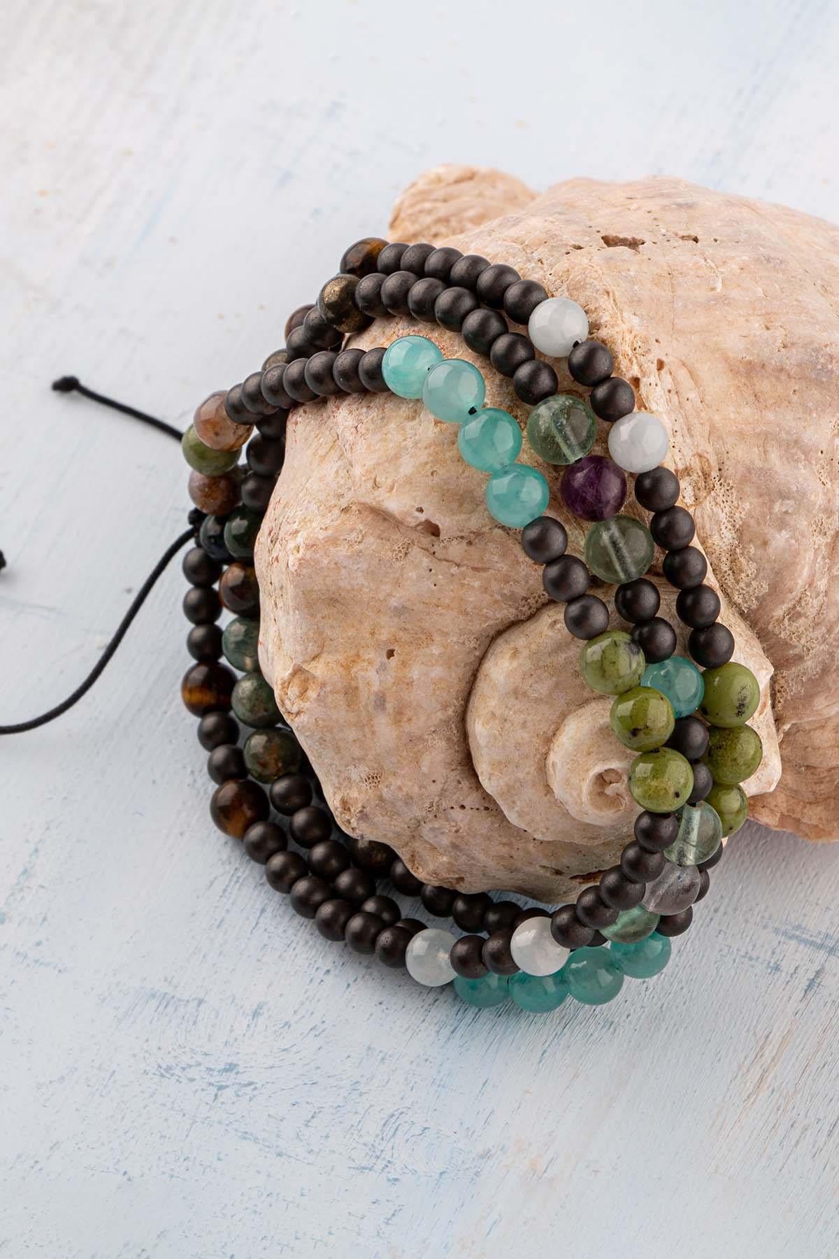 Sertifikalı Kova Burcu Doğal Taş Kolye (Kaplan Gözü-Akuamarin-Yeşim-Amazonit-Pirit-Florit-Hematit)