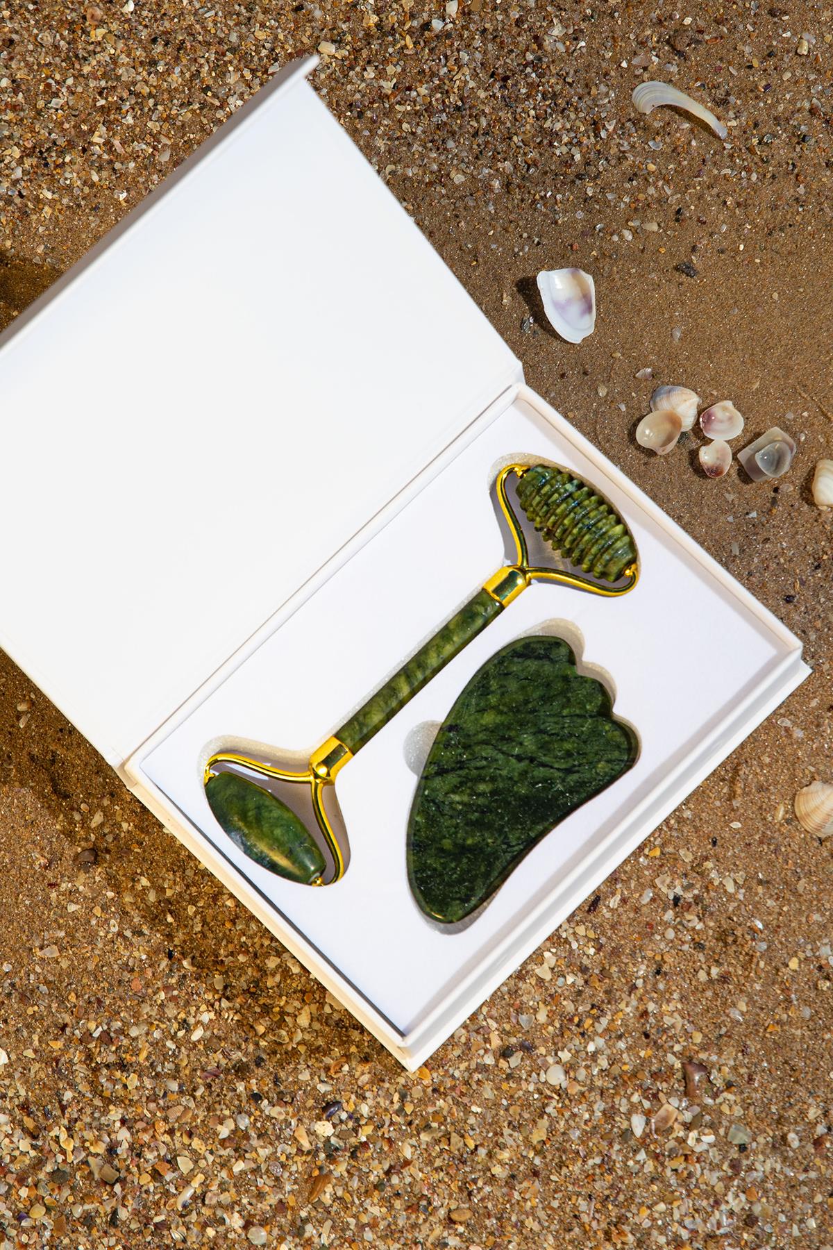 Sertifikalı Yeşim Tırtıklı Roller &amp; Gua Sha %100 Orjinal Doğal Taş