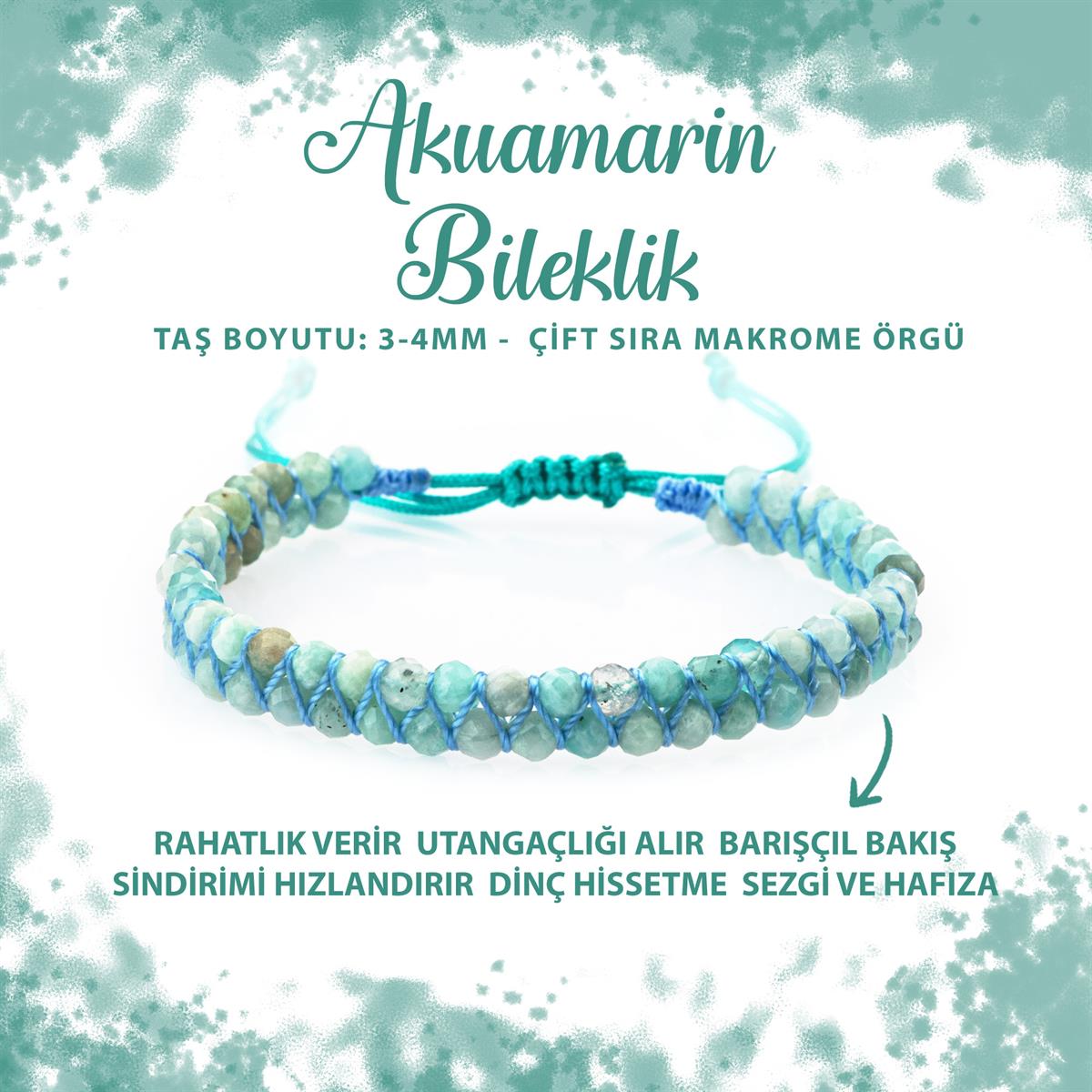 SERTİFİKALI Akuamarin 3-4mm Çift Sıra Doğal Taş Bileklik
