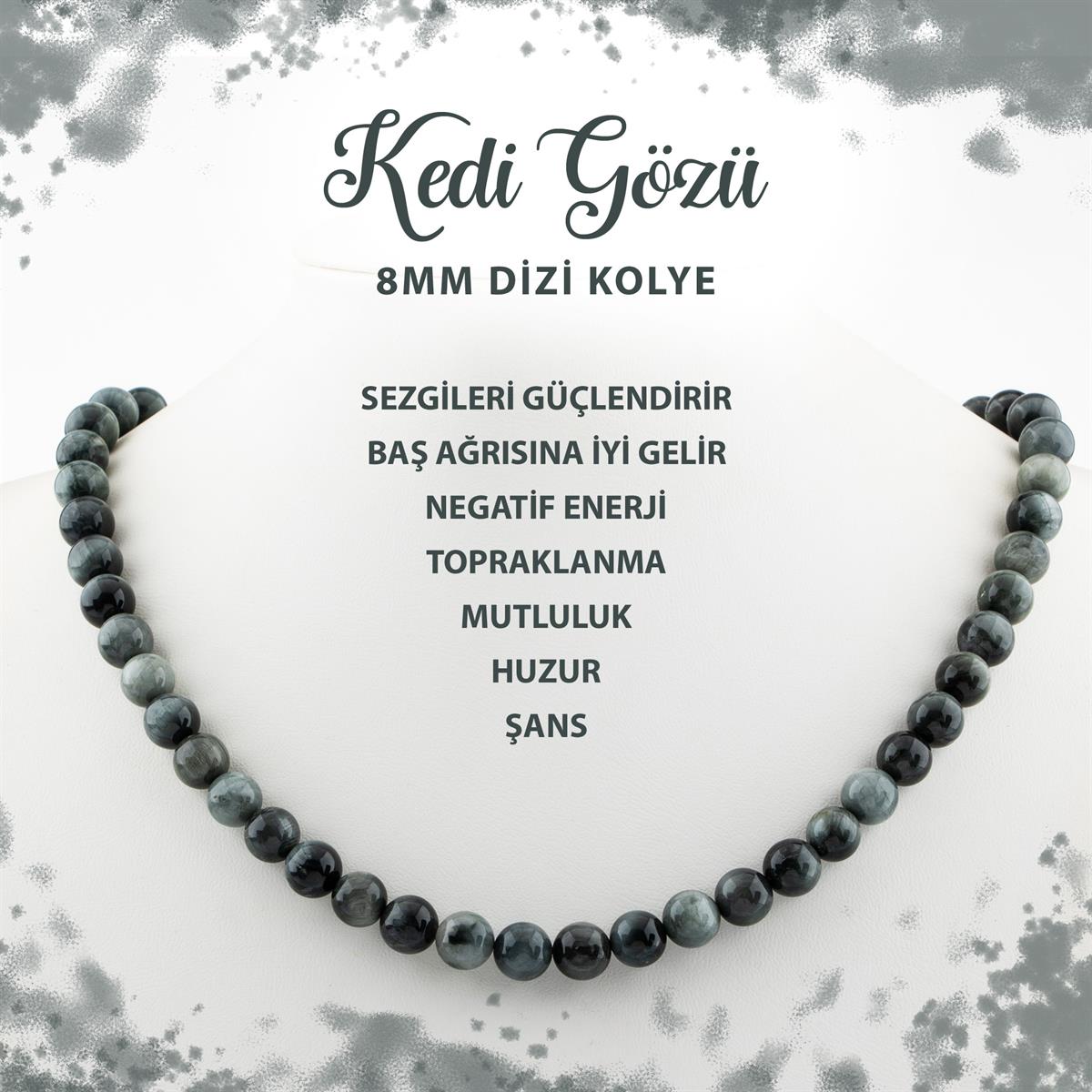 SERTİFİKALI Kedi Gözü 8 mm Dizi Doğal Taş Kolye