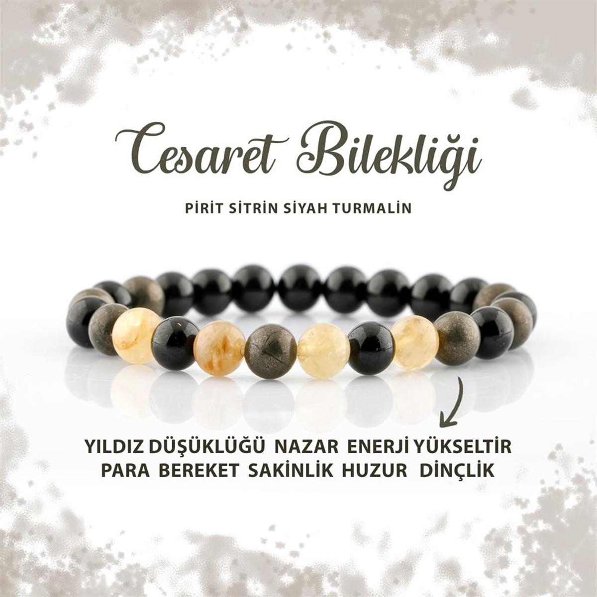 SERTİFİKALI Cesaret Doğal Taş Bileklik Pirit Sitrin Siyah Turmalin  8mm B0010