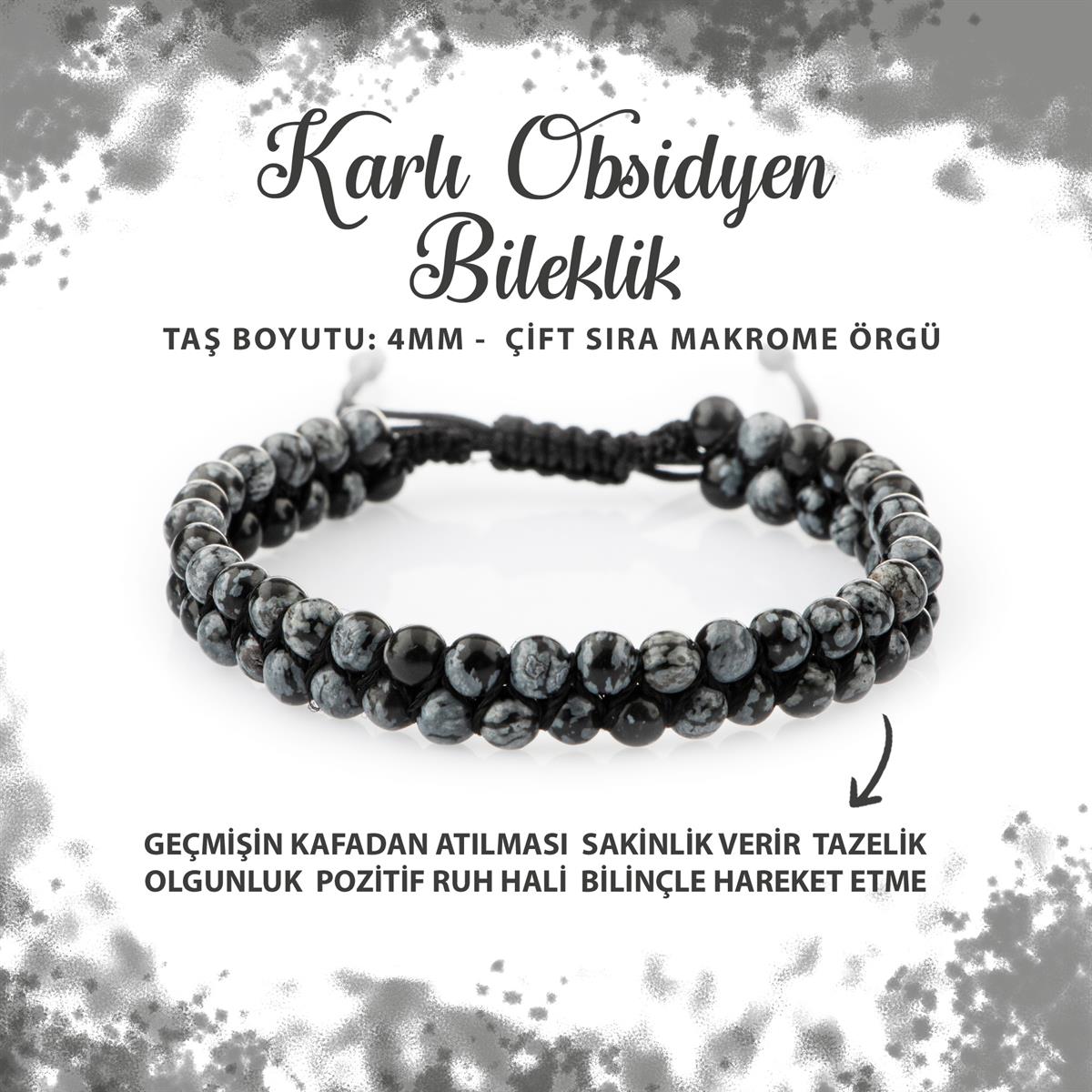 SERTİFİKALI Karlı Obsidyen 4mm Çift Sıra Doğal Taş Bileklik