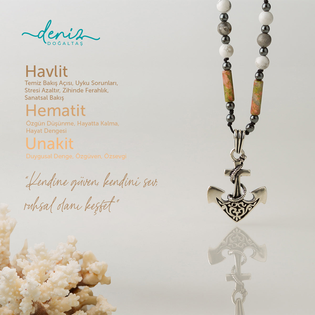 Çıpa Havlit, Hematit ve Unakit  Gümüş Tasarım Kolye