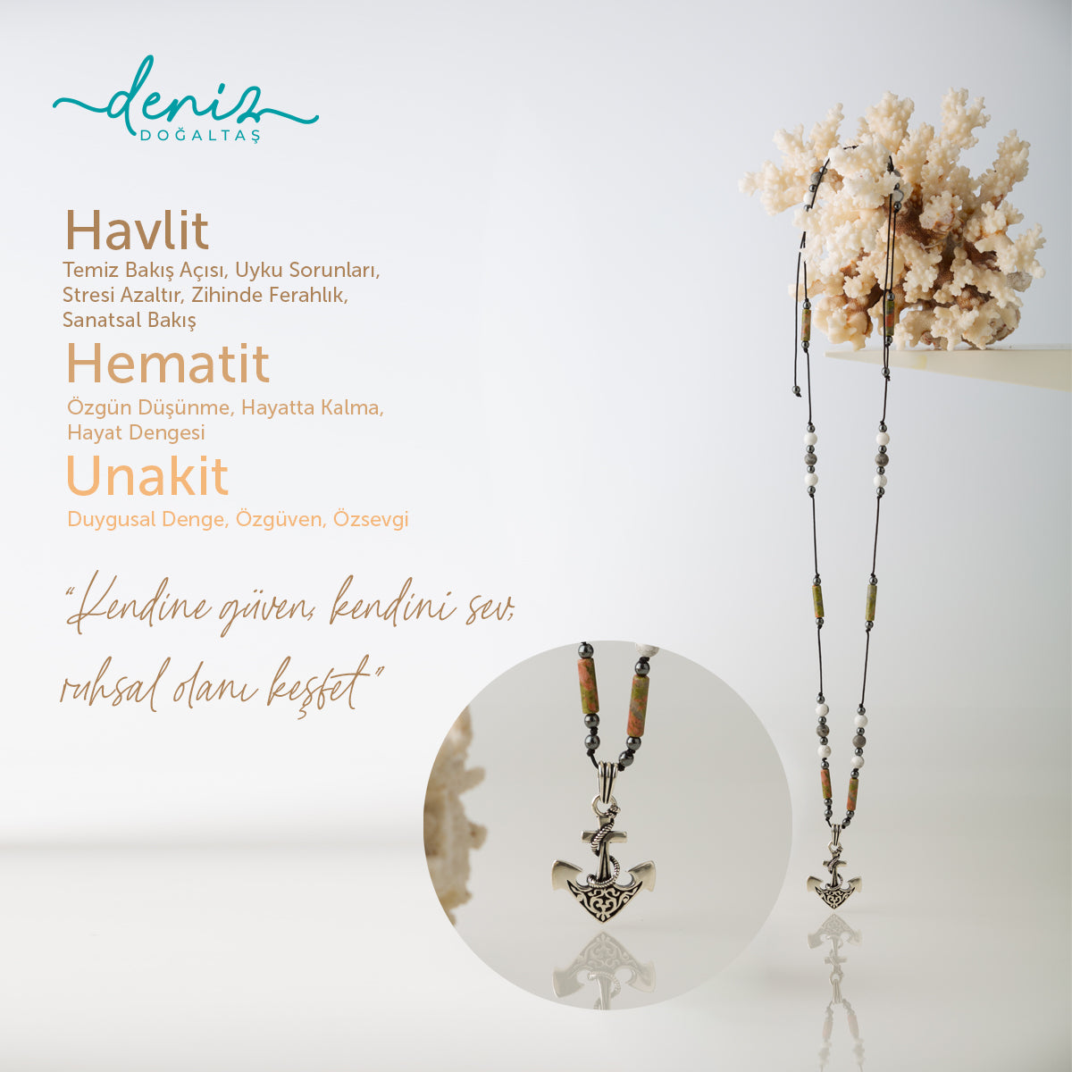 Çıpa Havlit, Hematit ve Unakit  Gümüş Tasarım Kolye