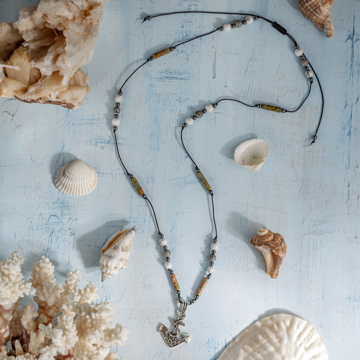 Çıpa Havlit, Hematit ve Unakit  Gümüş Tasarım Kolye