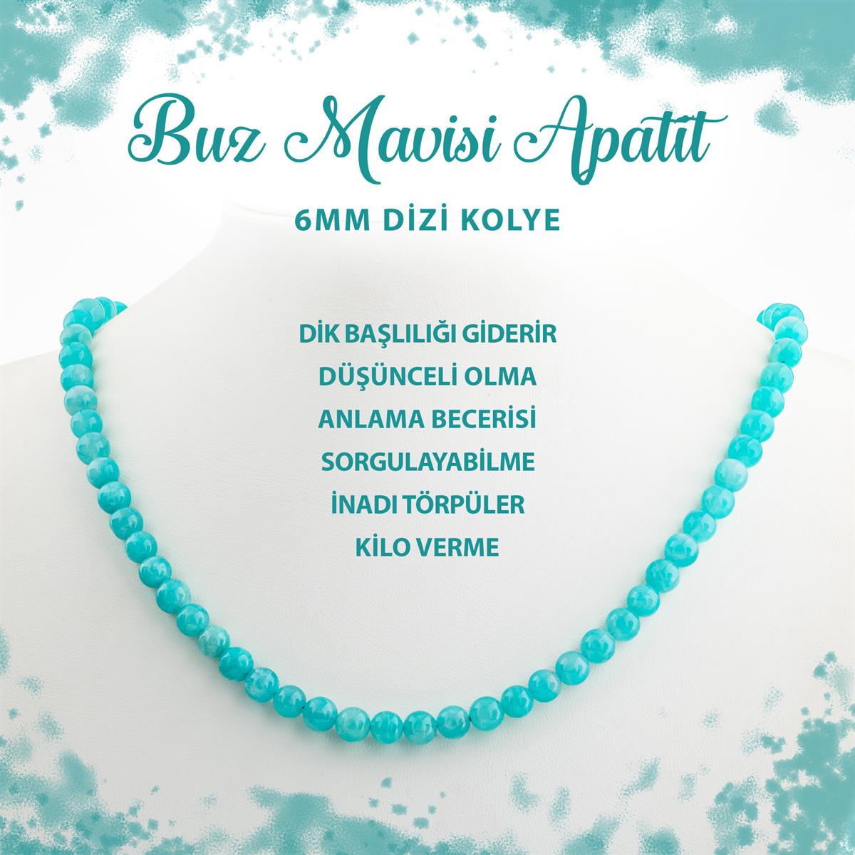 SERTİFİKALI Buz Mavizi Apatit 6 mm Dizi Doğal Taş Kolye