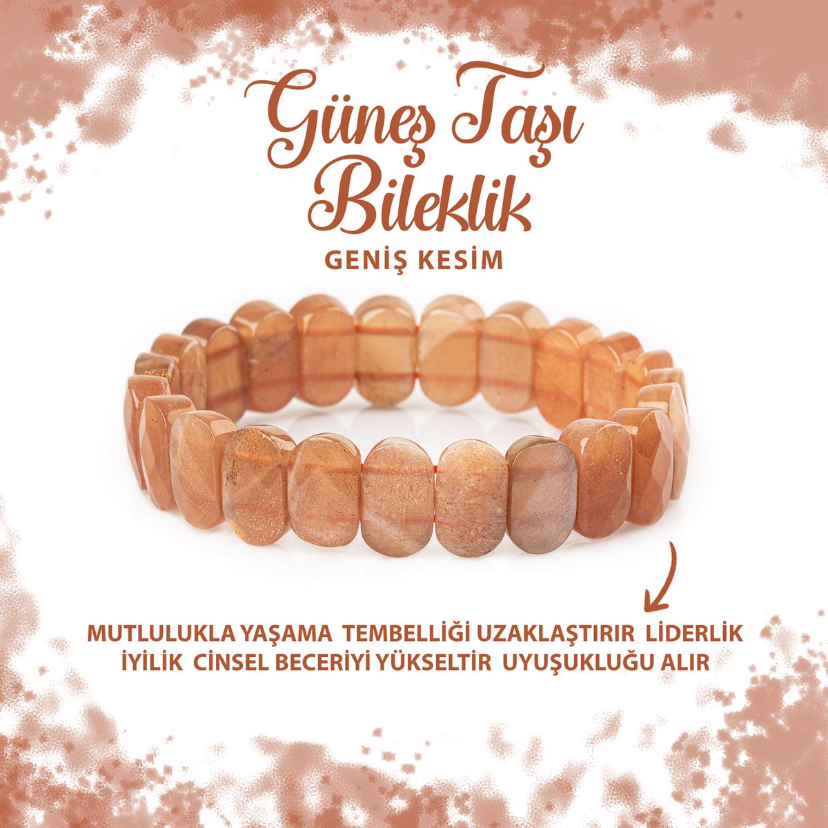 SERTİFİKALI Güneş Taşı Doğal Taş Geniş Kesim Bileklik
