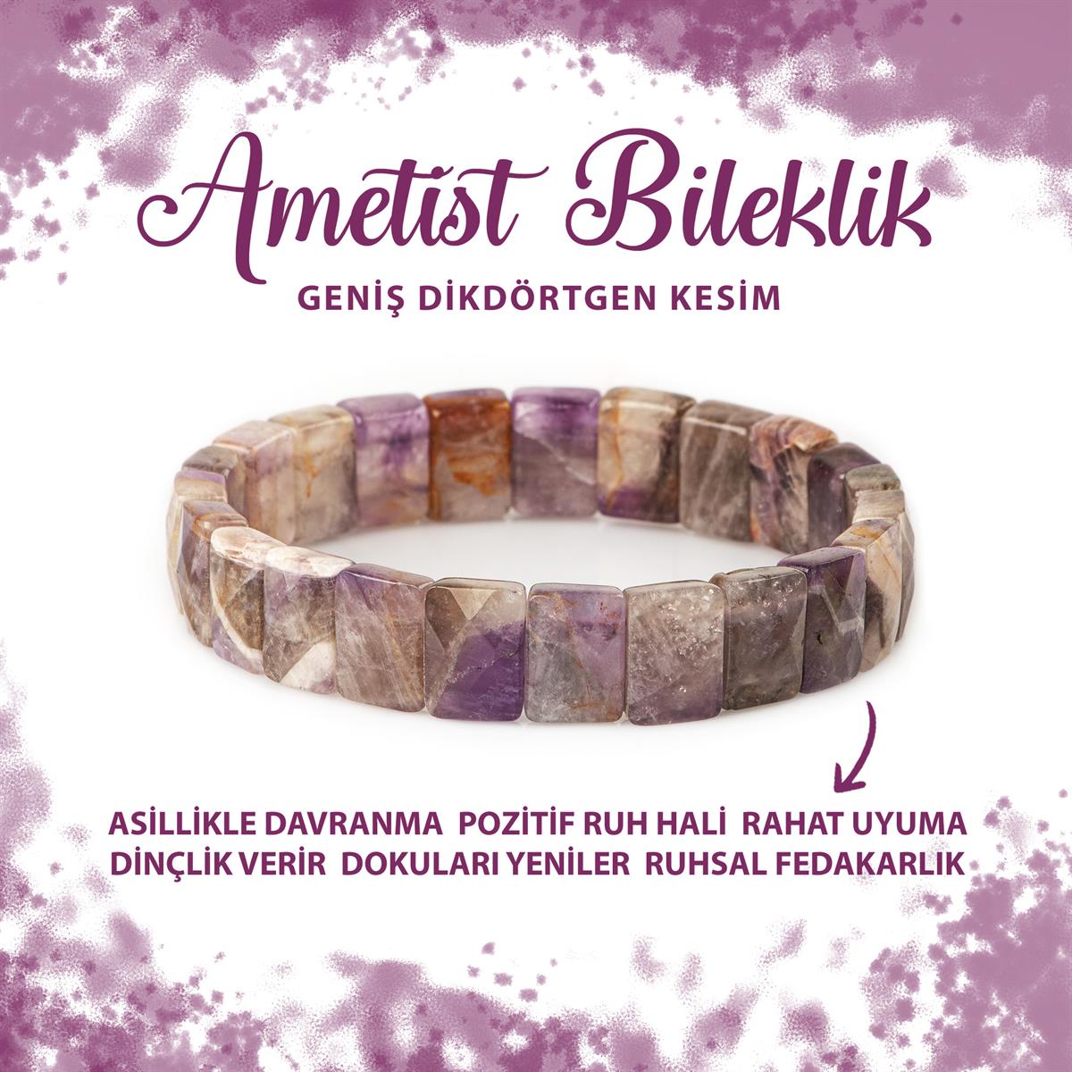 SERTİFİKALI Ametist Doğal Taş Kare Kesim Geniş Kesim Bileklik