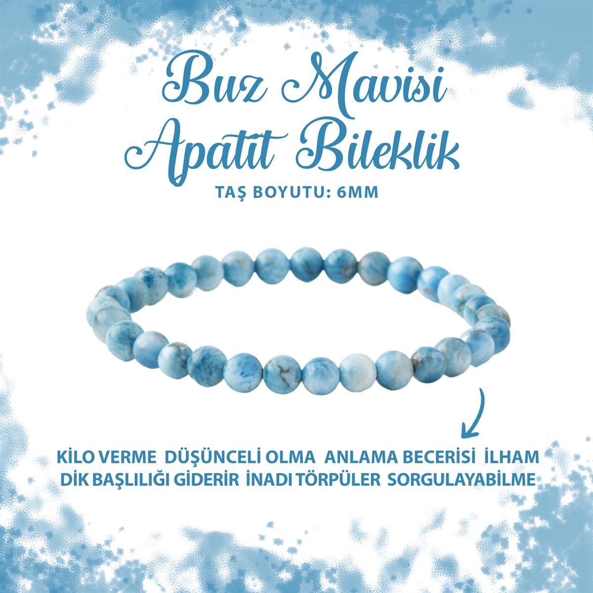 SERTİFİKALI Buz Mavisi Apatit 6mm Doğal Taş Bileklik