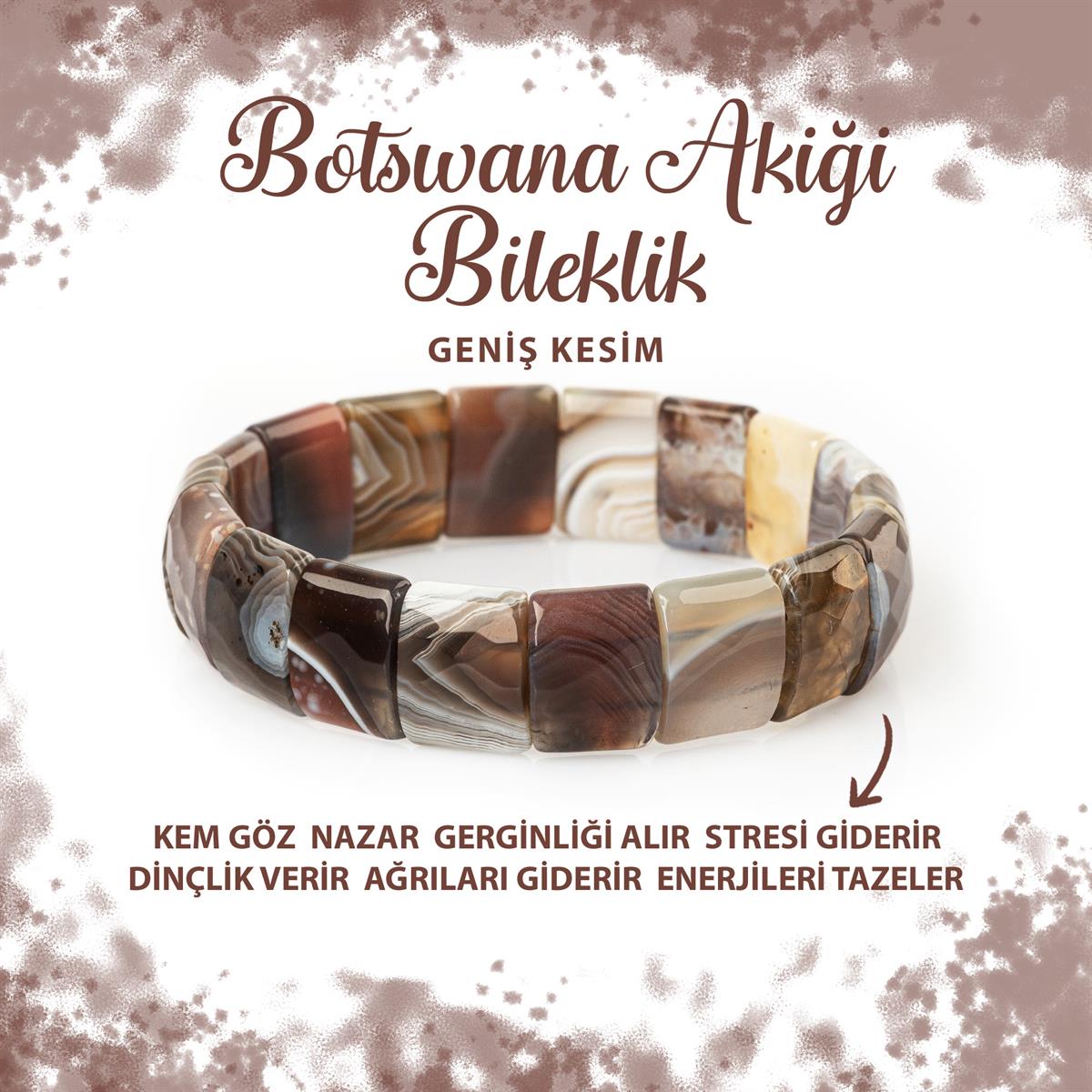 SERTİFİKALI Botswana Akiği Doğal Taş Balık Sırtı Geniş Kesim Bileklik